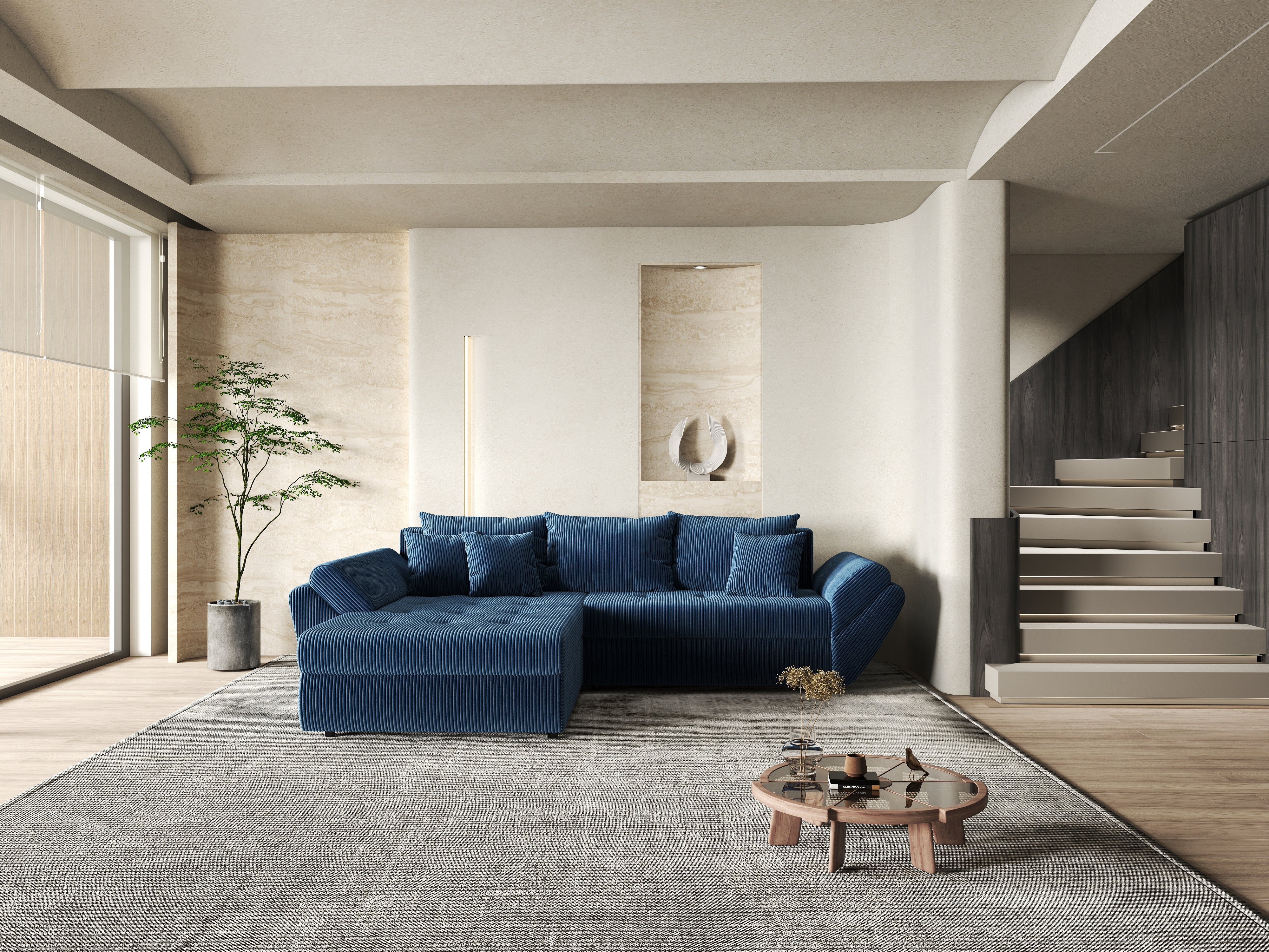 Colțar extensibil dumonde cu ladă de depozitare si sezut confortabil din spuma HR, Loana Zoom Blue 270x185 cm Fabrica