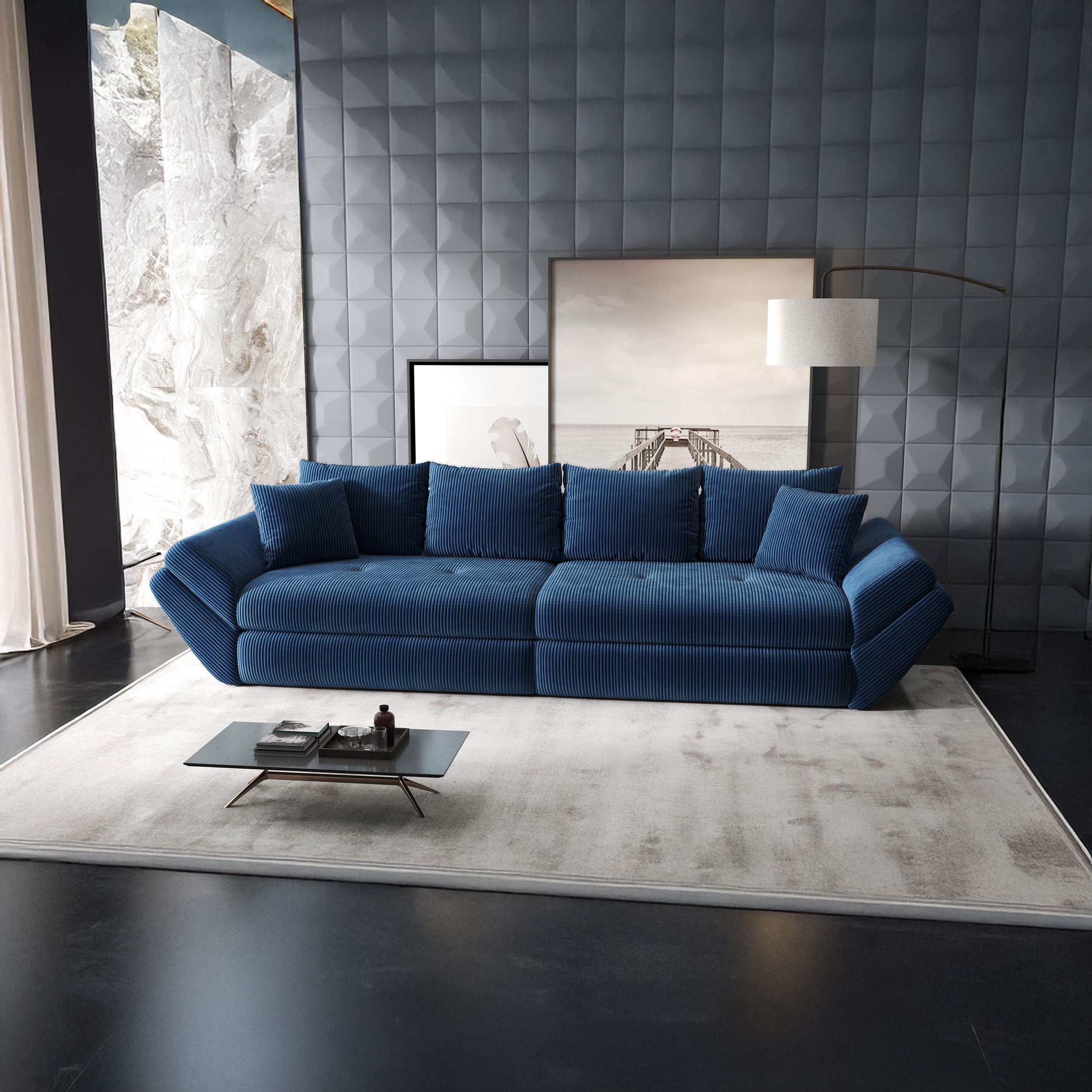 Canapea extensibilă dumonde cu ladă de depozitare si sezut confortabil din spuma HR, Loana Zoom Albastru 300x100 cm Fabrica