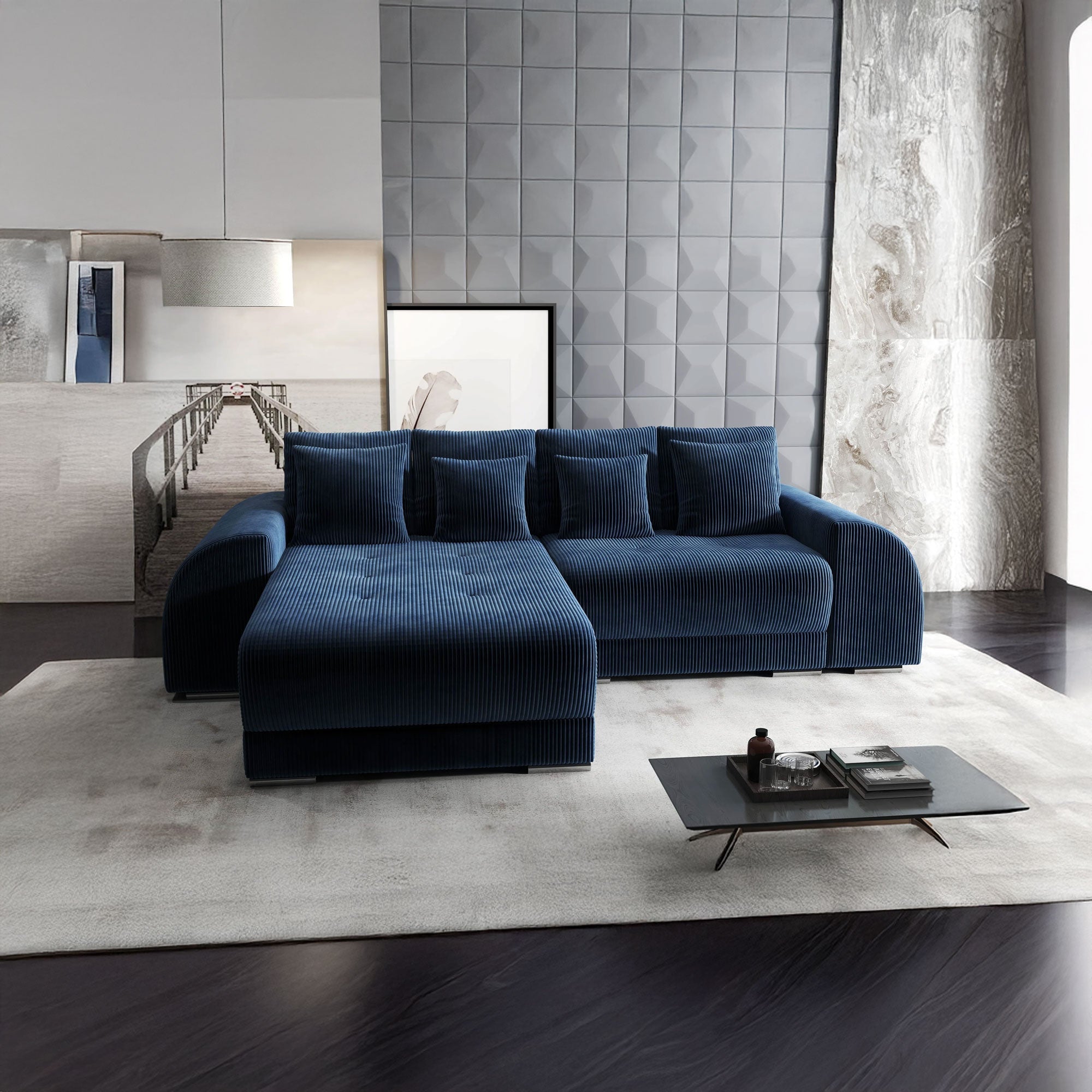 Colțar extensibil dumonde cu ladă de depozitare si sezut confortabil din spuma HR, Verona Zoom Albastru 290x185 cm Fabrica