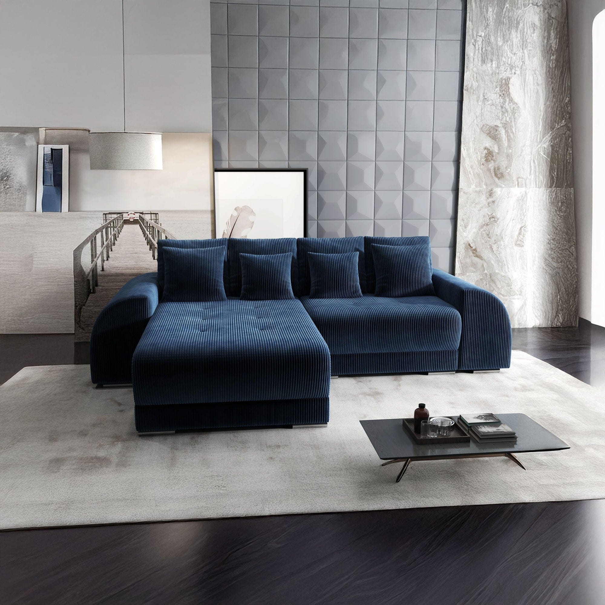 Colțar extensibil dumonde cu ladă de depozitare si sezut confortabil din spuma HR, Verona Zoom Albastru 290x185 cm Fabrica