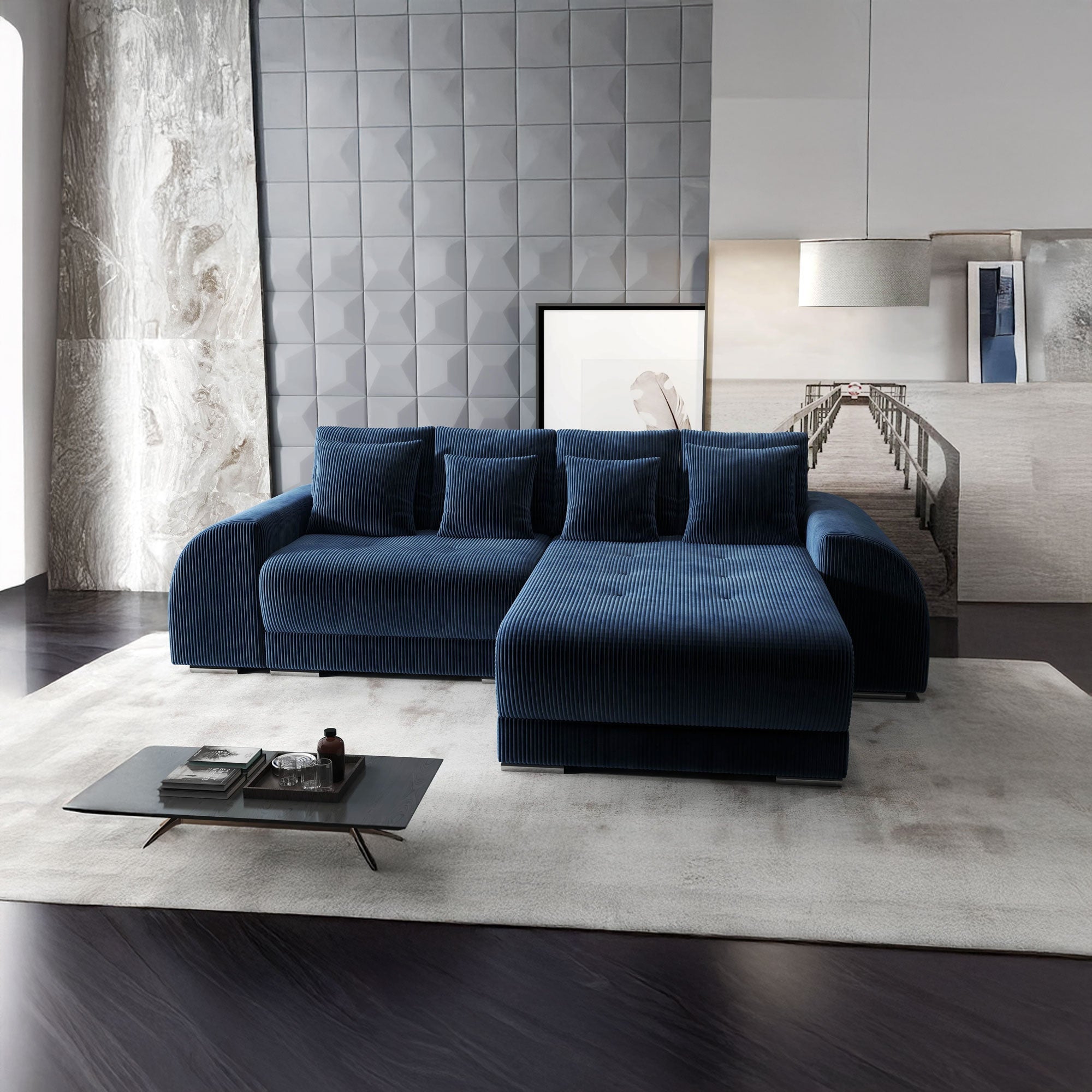 Colțar extensibil dumonde cu ladă de depozitare si sezut confortabil din spuma HR, Verona Zoom Albastru II 290x185 cm Fabrica