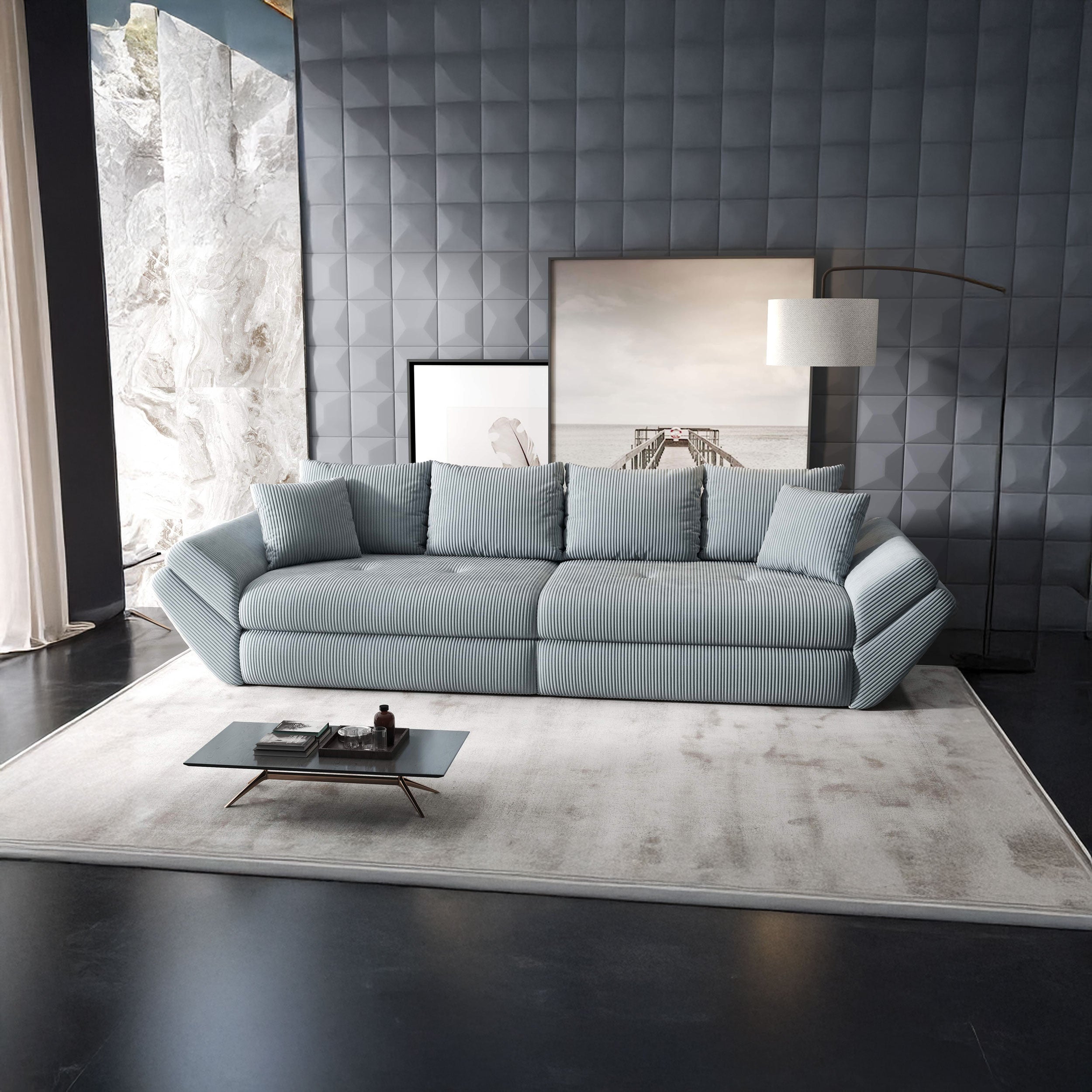 Canapea extensibilă dumonde cu ladă de depozitare si sezut confortabil din spuma HR, Loana Zoom Gri 300x100 cm Fabrica