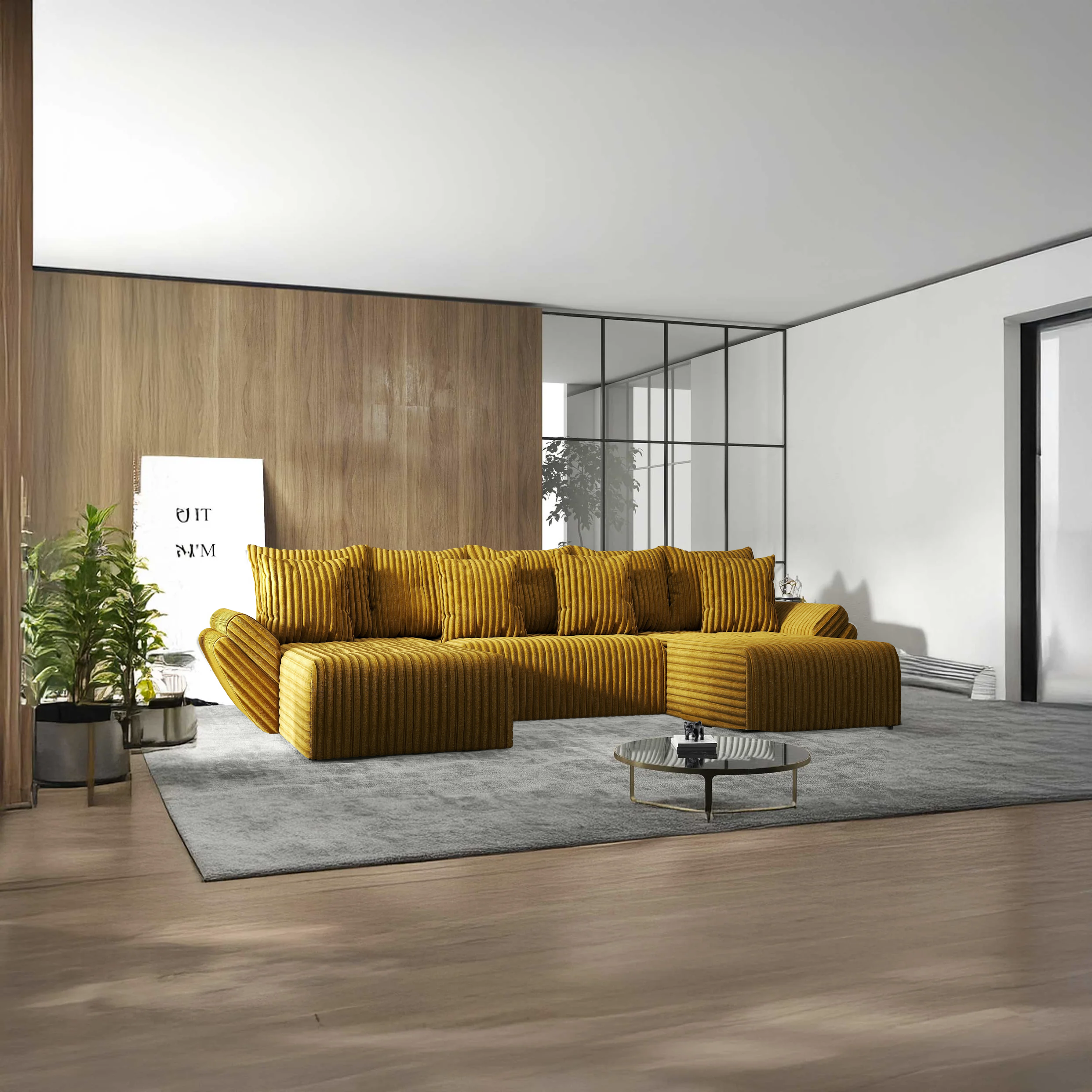 Colțar extensibil dumonde cu ladă de depozitare si sezut confortabil din spuma HR, Berlin U Ambiance Mustar 380x180 cm Fabrica