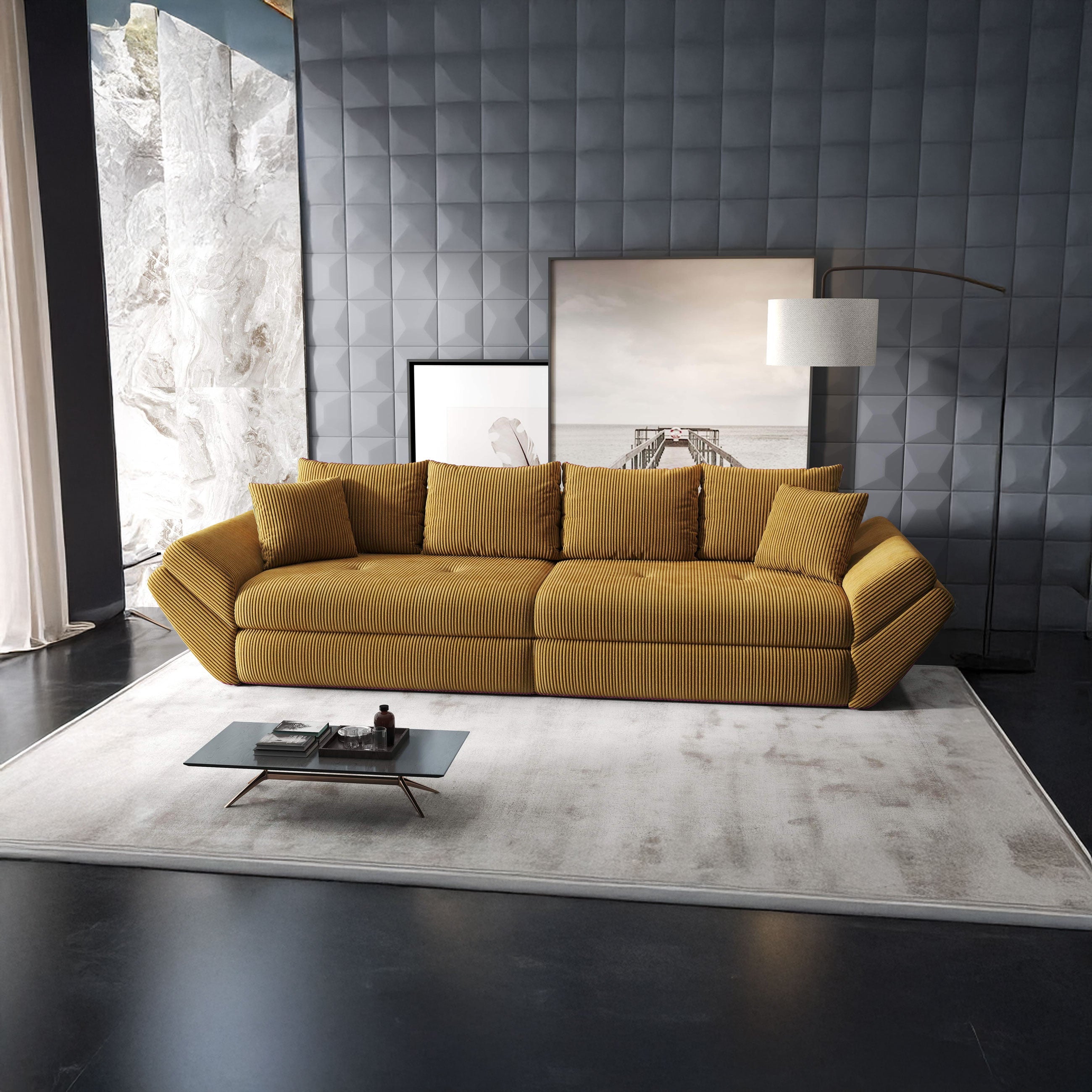 Canapea extensibilă dumonde cu ladă de depozitare si sezut confortabil din spuma HR, Loana Zoom Mustar 300x100 cm Fabrica