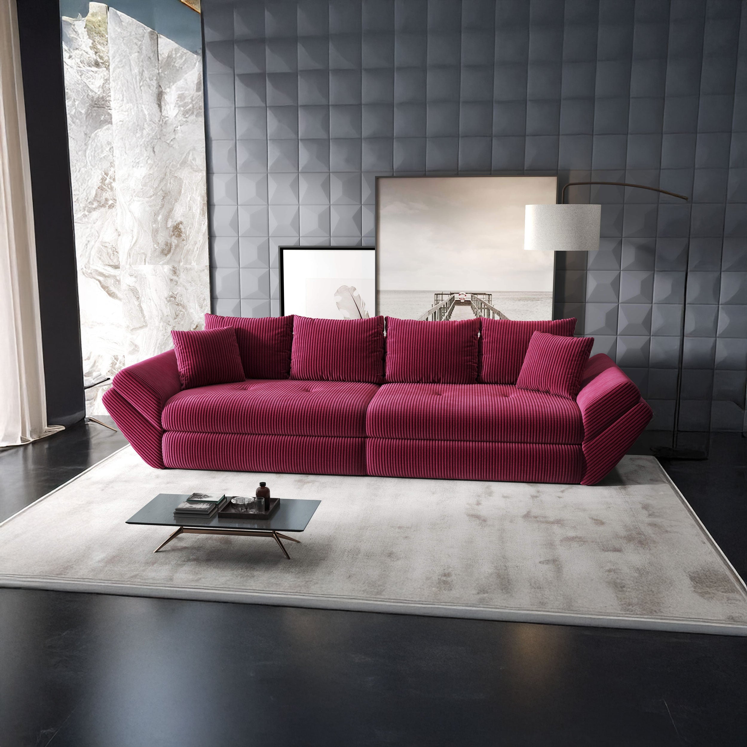 Canapea extensibilă dumonde cu ladă de depozitare si sezut confortabil din spuma HR, Loana Zoom Rosu 300x100 cm Fabrica