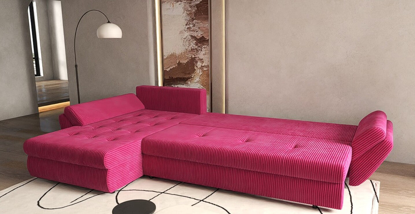 Colțar extensibil dumonde cu ladă de depozitare si sezut confortabil din spuma HR, Loana XL Zoom Rosu II 335x185 cm Fabrica