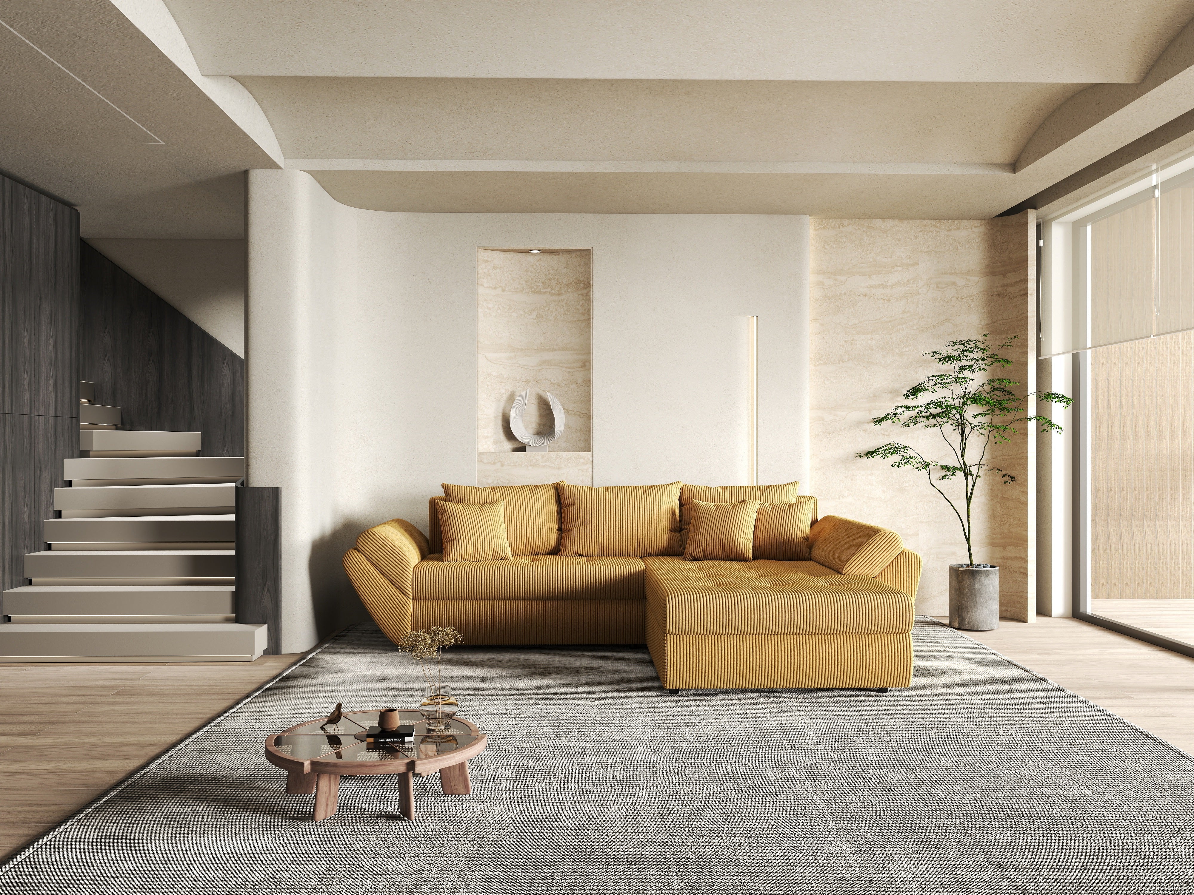 Colțar extensibil dumonde cu ladă de depozitare si sezut confortabil din spuma HR, Loana Zoom Mustar II 270x185 cm Fabrica