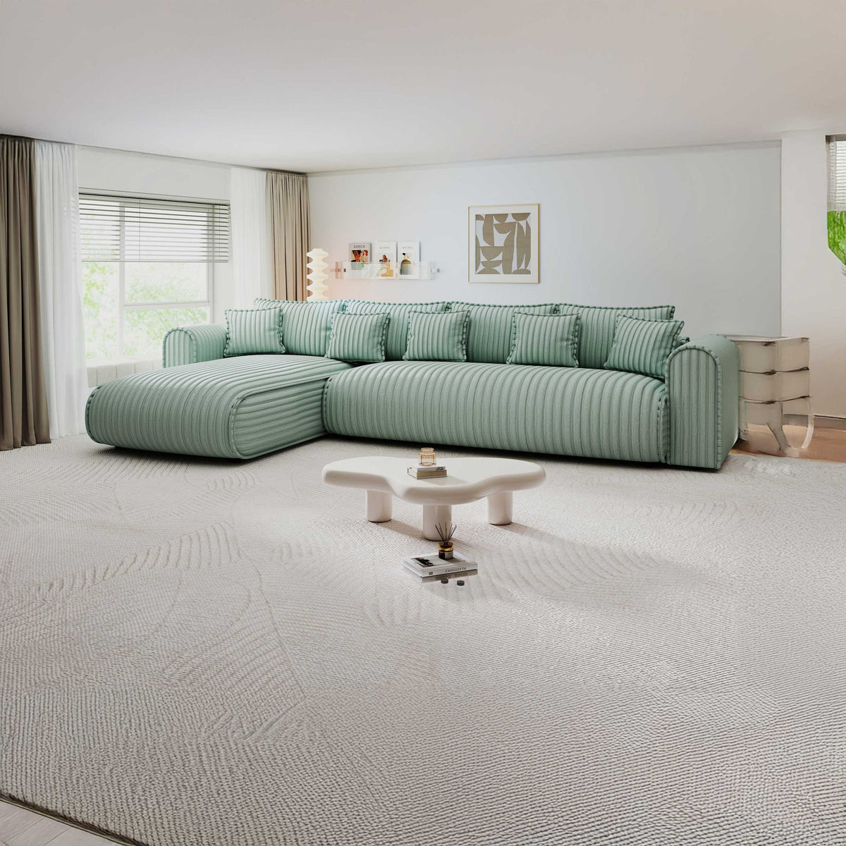 Colțar extensibil dumonde cu ladă de depozitare Monaco XL Ambience Sage 340x185 cm — stanga — imagine principală
