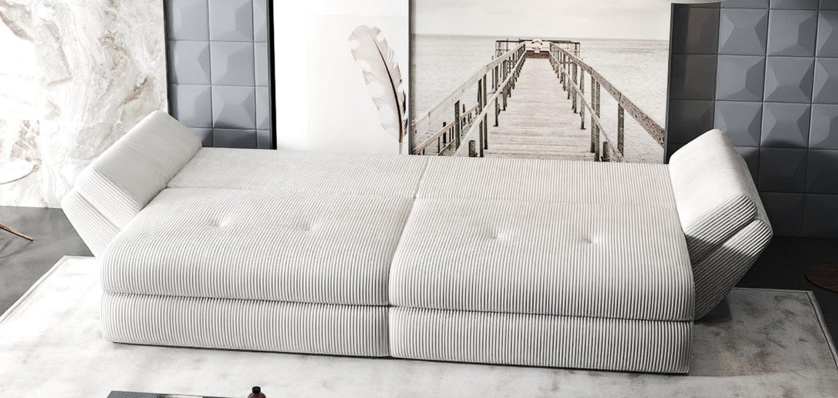 Canapea extensibilă dumonde cu ladă de depozitare si sezut confortabil din spuma HR, Loana Zoom Bej 300x100 cm Fabrica