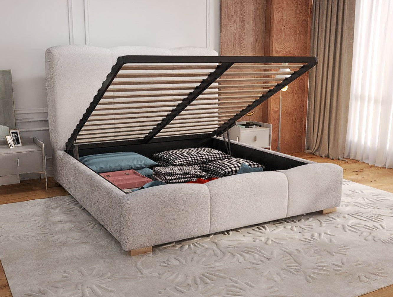 Pat dormitor dumonde, tapitat gri, Havana 160x200 cm, somiera rabatabila inclusa, spatiu depozitare