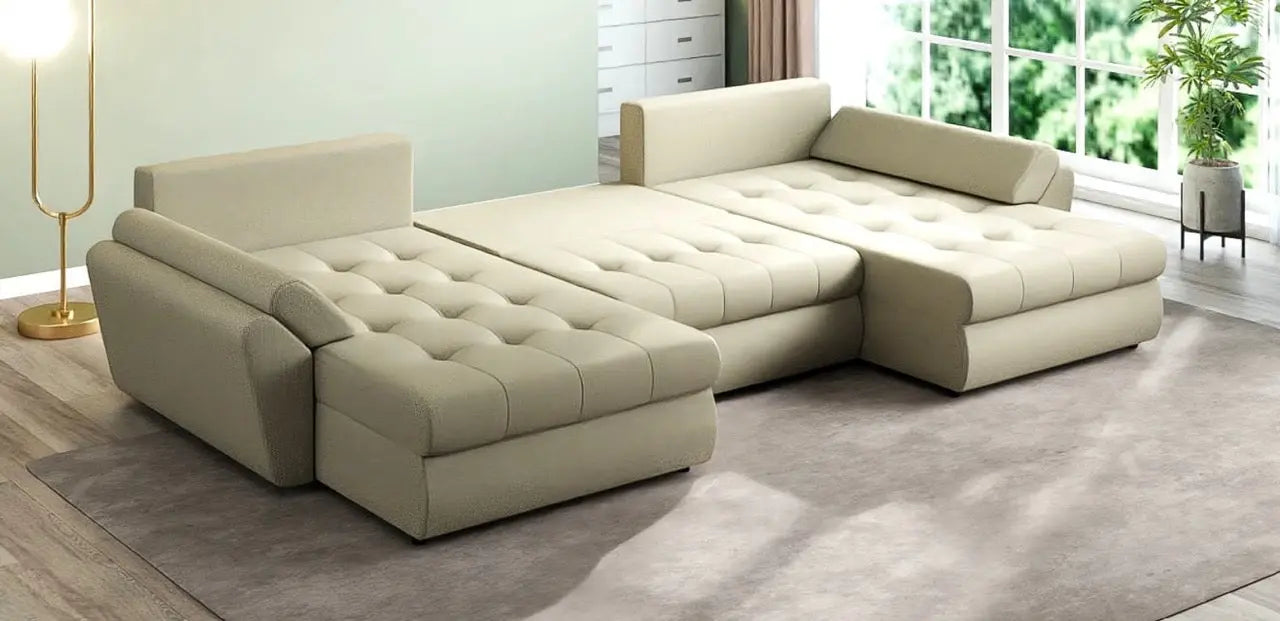 Colțar extensibil dumonde cu ladă de depozitare si sezut confortabil din spuma HR, Loana U Enjoy Camel 355x185 cm Fabrica