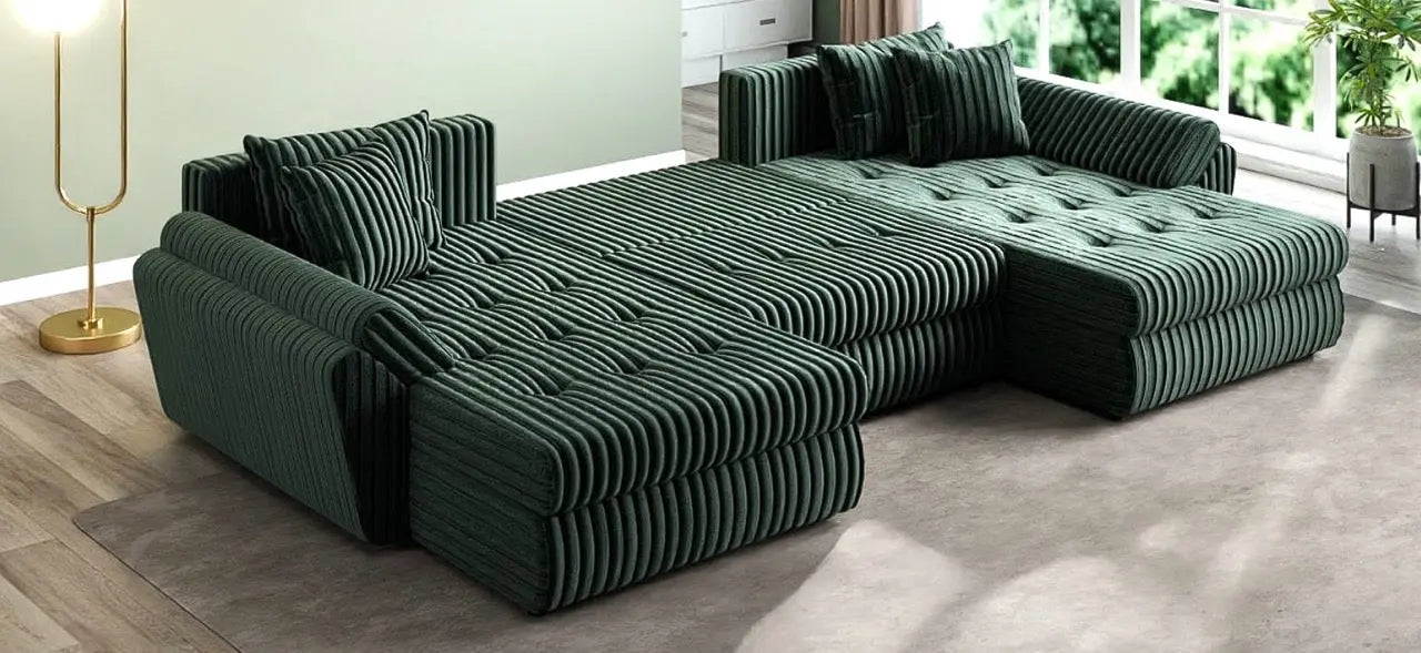 Colțar extensibil dumonde cu ladă de depozitare si sezut confortabil din spuma HR, Loana U Ambience Green 355x185 cm Fabrica