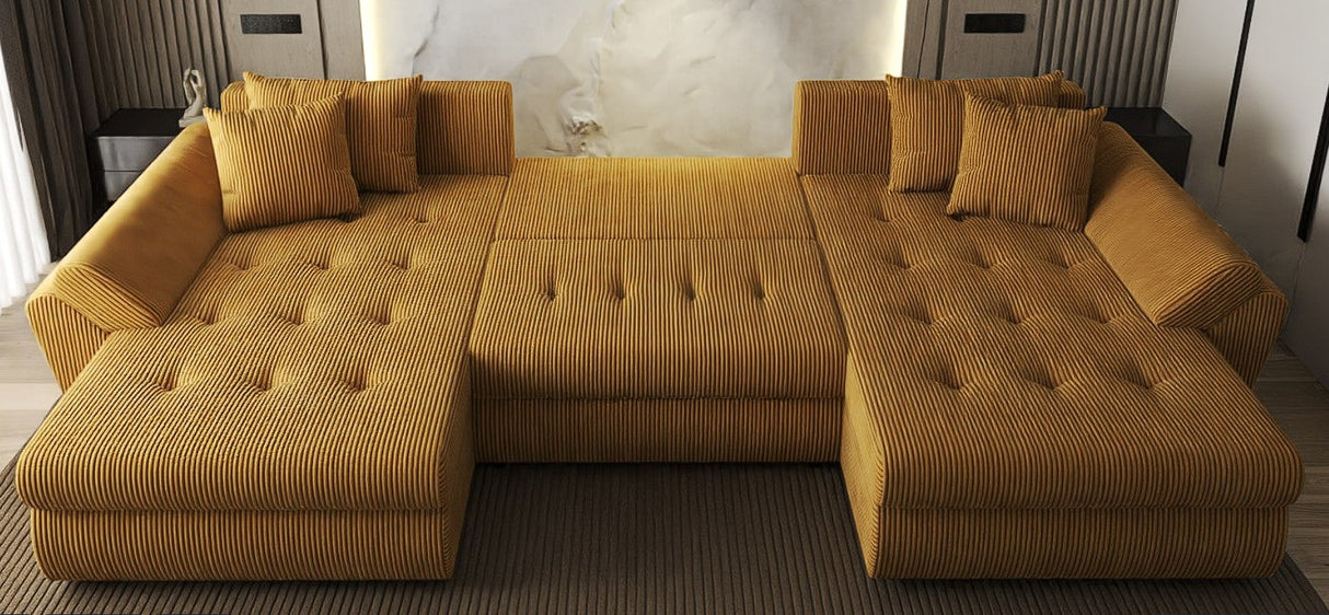 Colțar extensibil dumonde cu ladă de depozitare si sezut confortabil din spuma HR, Loana U Mustar Zoom 355x185 cm Fabrica