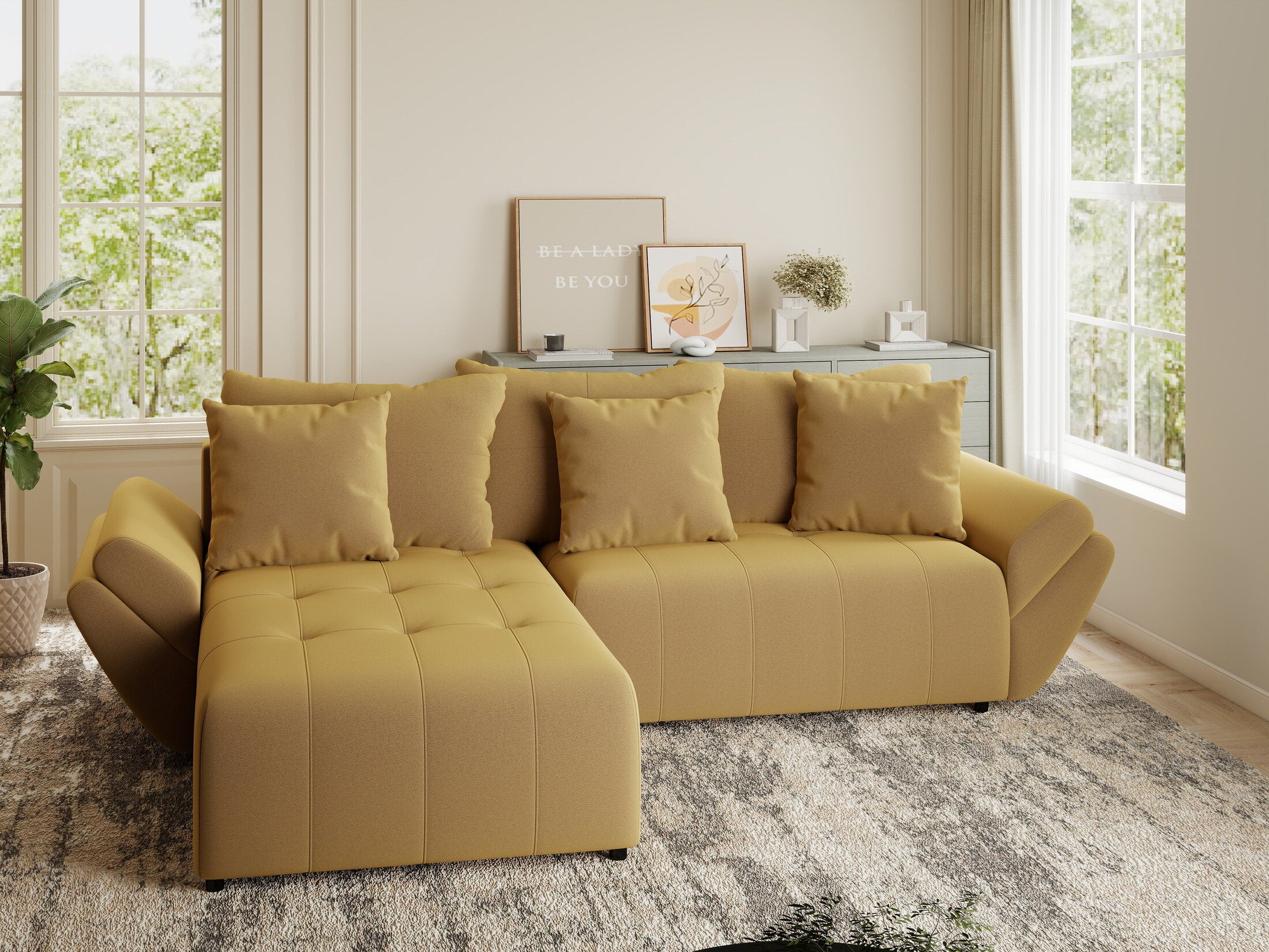 Colțar extensibil dumonde cu ladă de depozitare si sezut confortabil din spuma HR, Berlin Royal Galben Mustar 280x185 cm