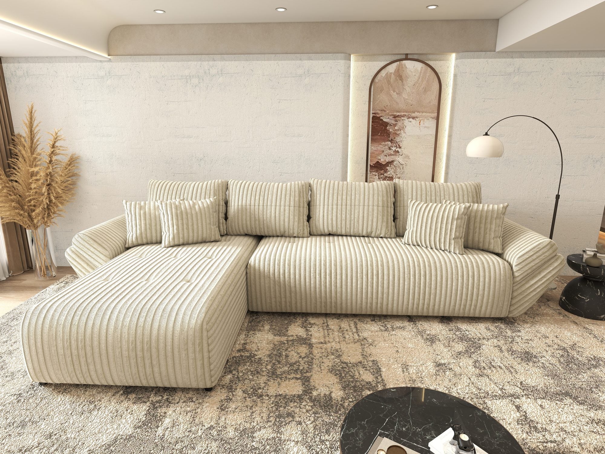 Colțar extensibil dumonde cu ladă de depozitare si sezut confortabil din spuma high-density, Berlin XL Tilia Bej 08 350x185 cm