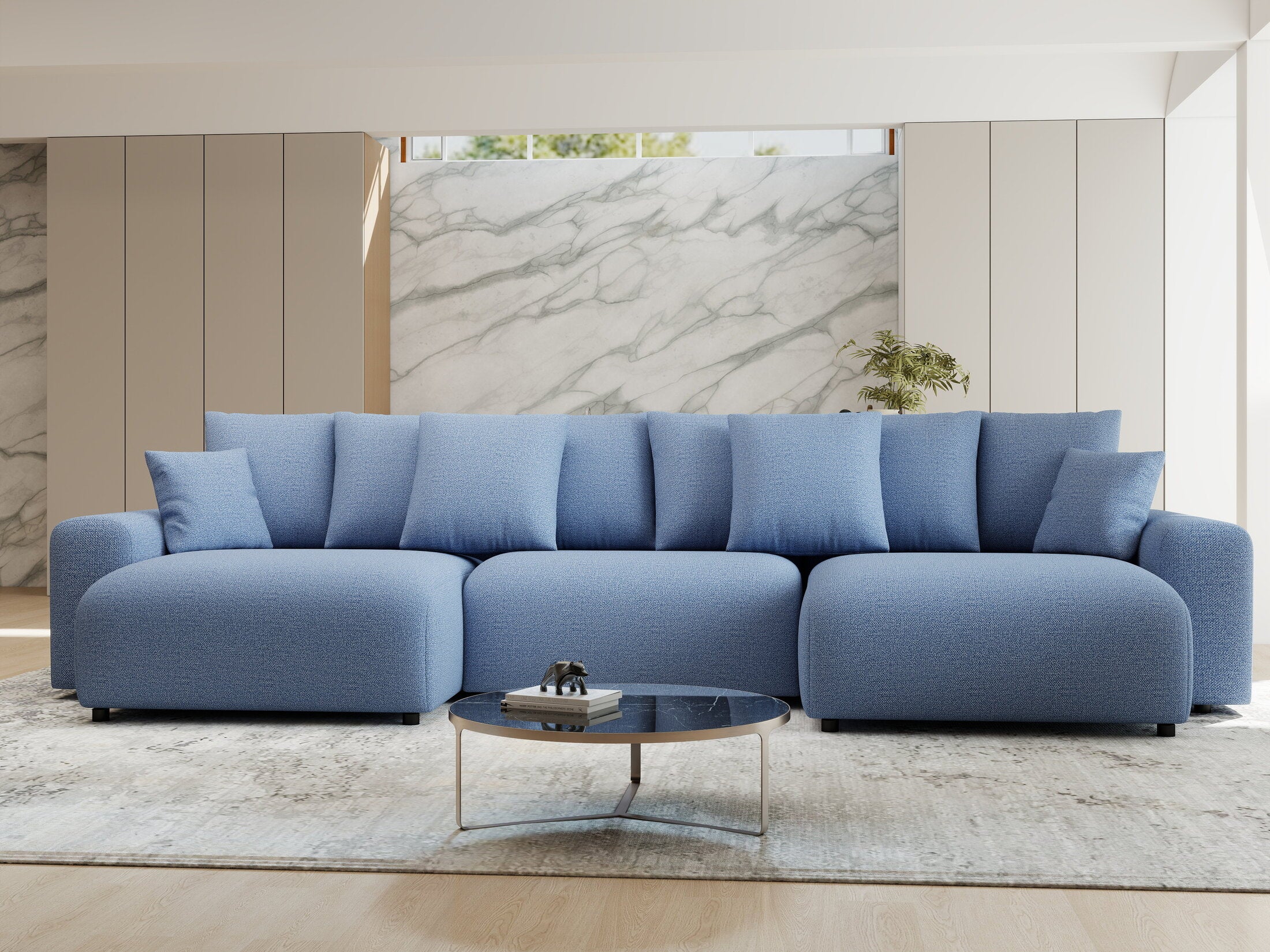 Colțar extensibil dumonde cu ladă de depozitare si sezut confortabil din spuma HR, Luma U Enjoy Albastru 336x140 cm