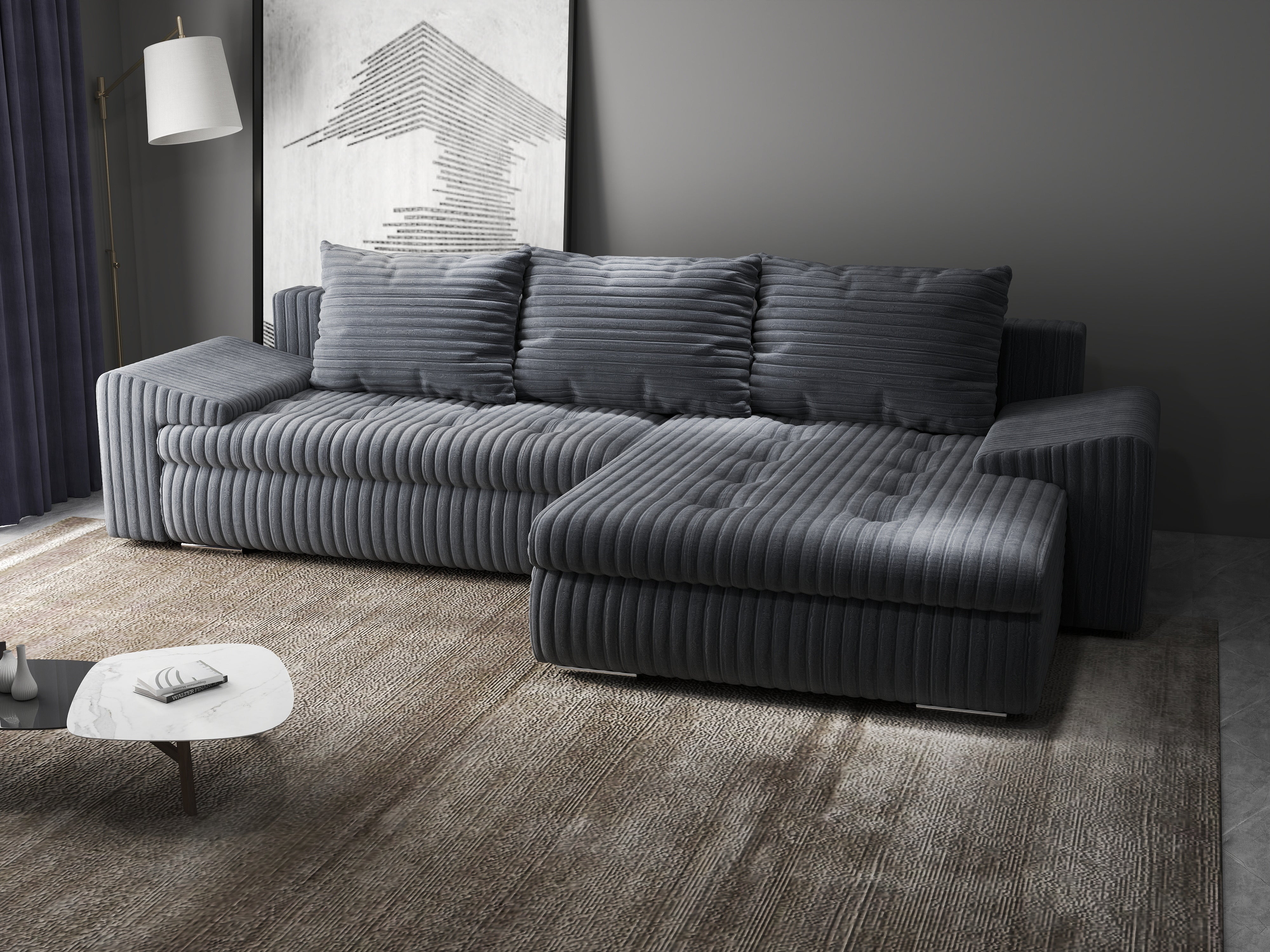 Colțar extensibil dumonde cu ladă de depozitare si sezut confortabil din spuma HR, Leonardo Ambience Gri 255x193 cm II Fabrica