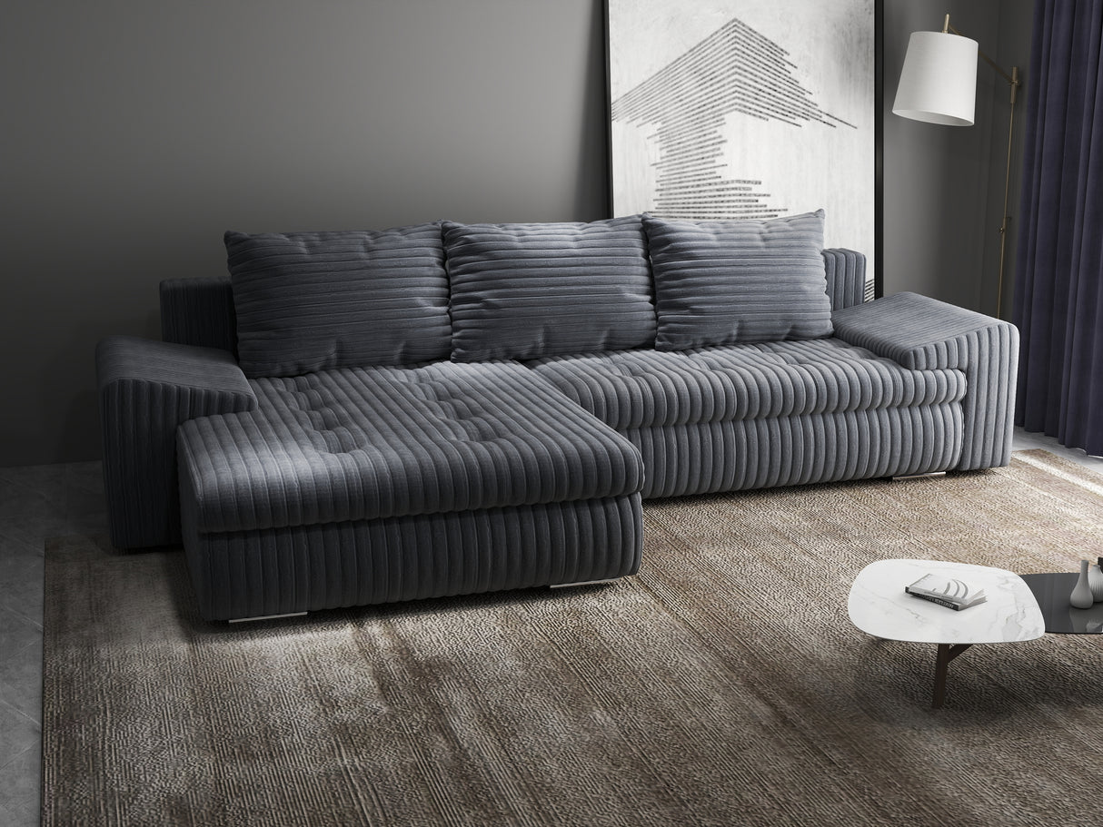 Colțar extensibil dumonde cu ladă de depozitare si sezut confortabil din spuma HR, Leonardo Ambience Gri 255x193 cm
