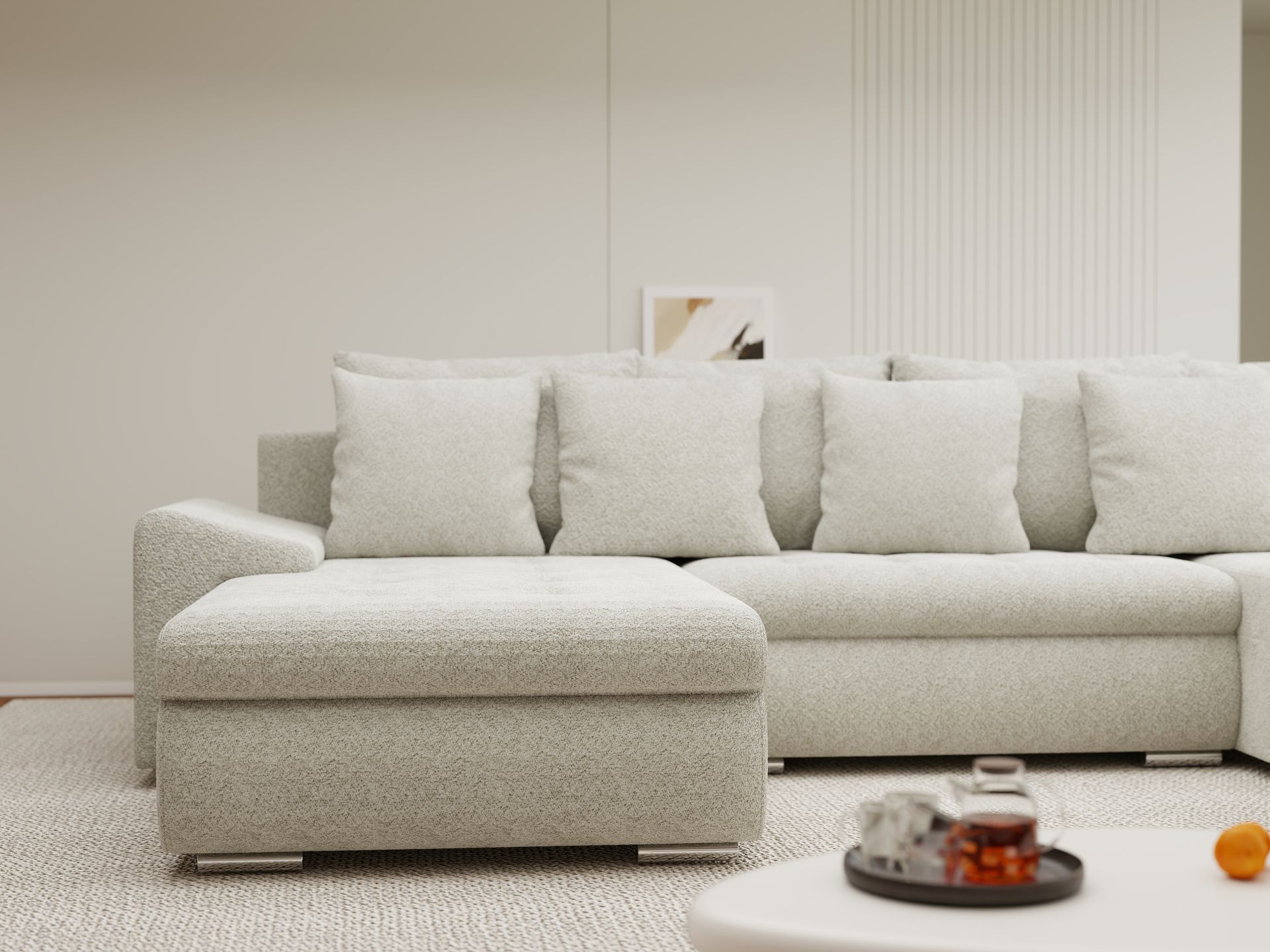 Colțar extensibil dumonde cu ladă de depozitare si sezut confortabil din spuma high-density, Leonardo U Arena Bej 20 360x185 cm
