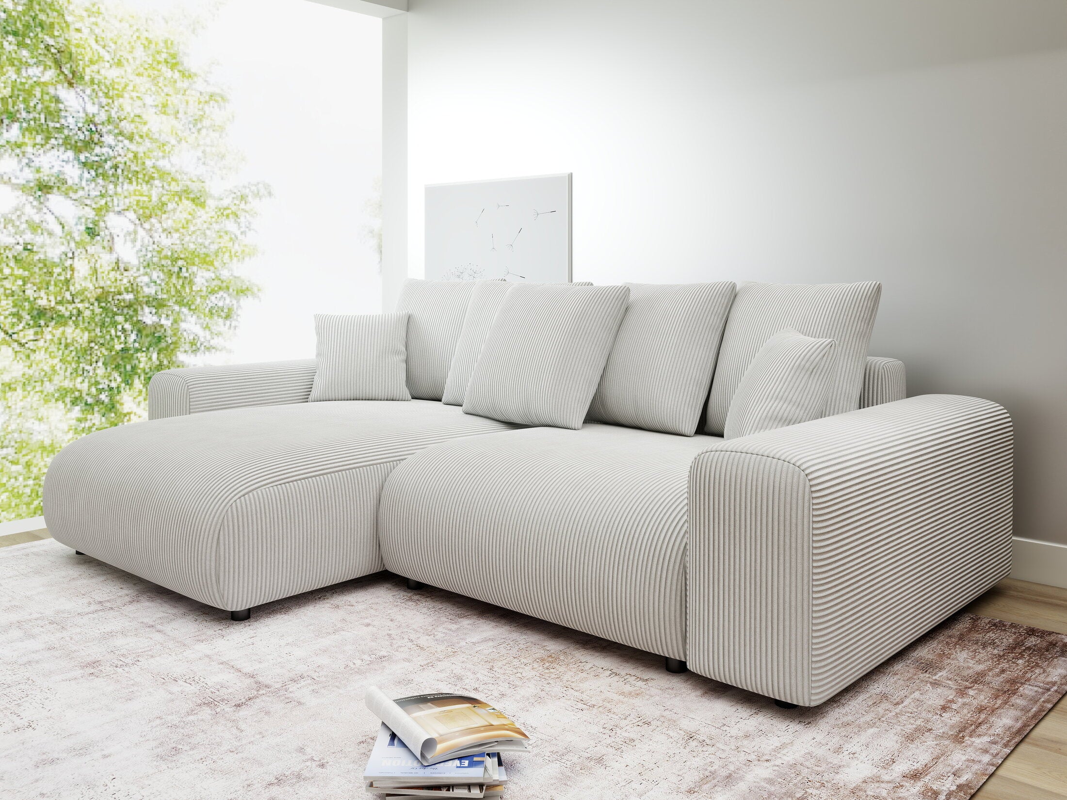 Colțar extensibil dumonde cu ladă de depozitare și șezut confortabil din spumă HR, Luma Enjoy Bej 255x168 cm