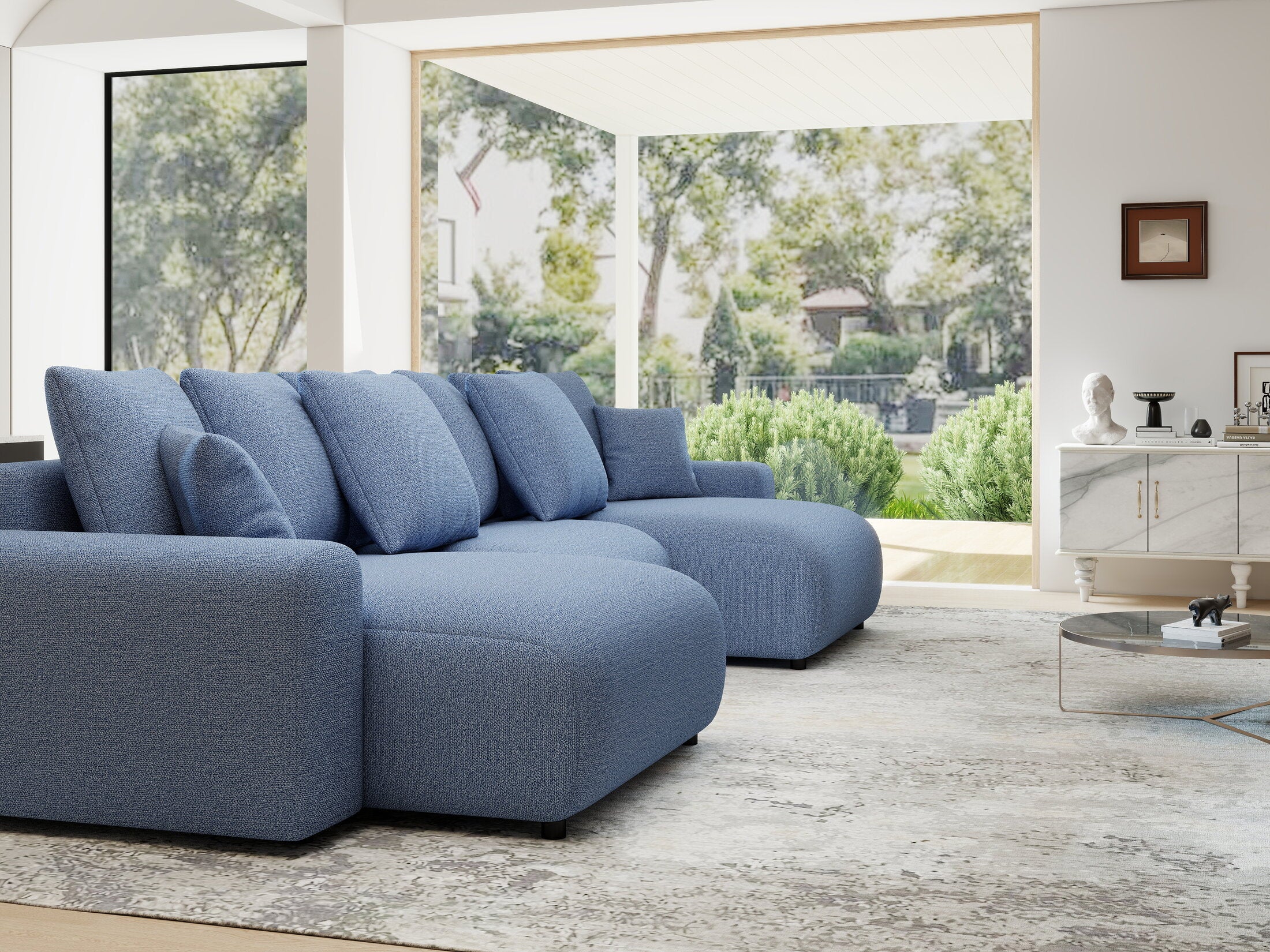 Colțar extensibil dumonde cu ladă de depozitare si sezut confortabil din spuma HR, Luma U Enjoy Albastru 336x140 cm