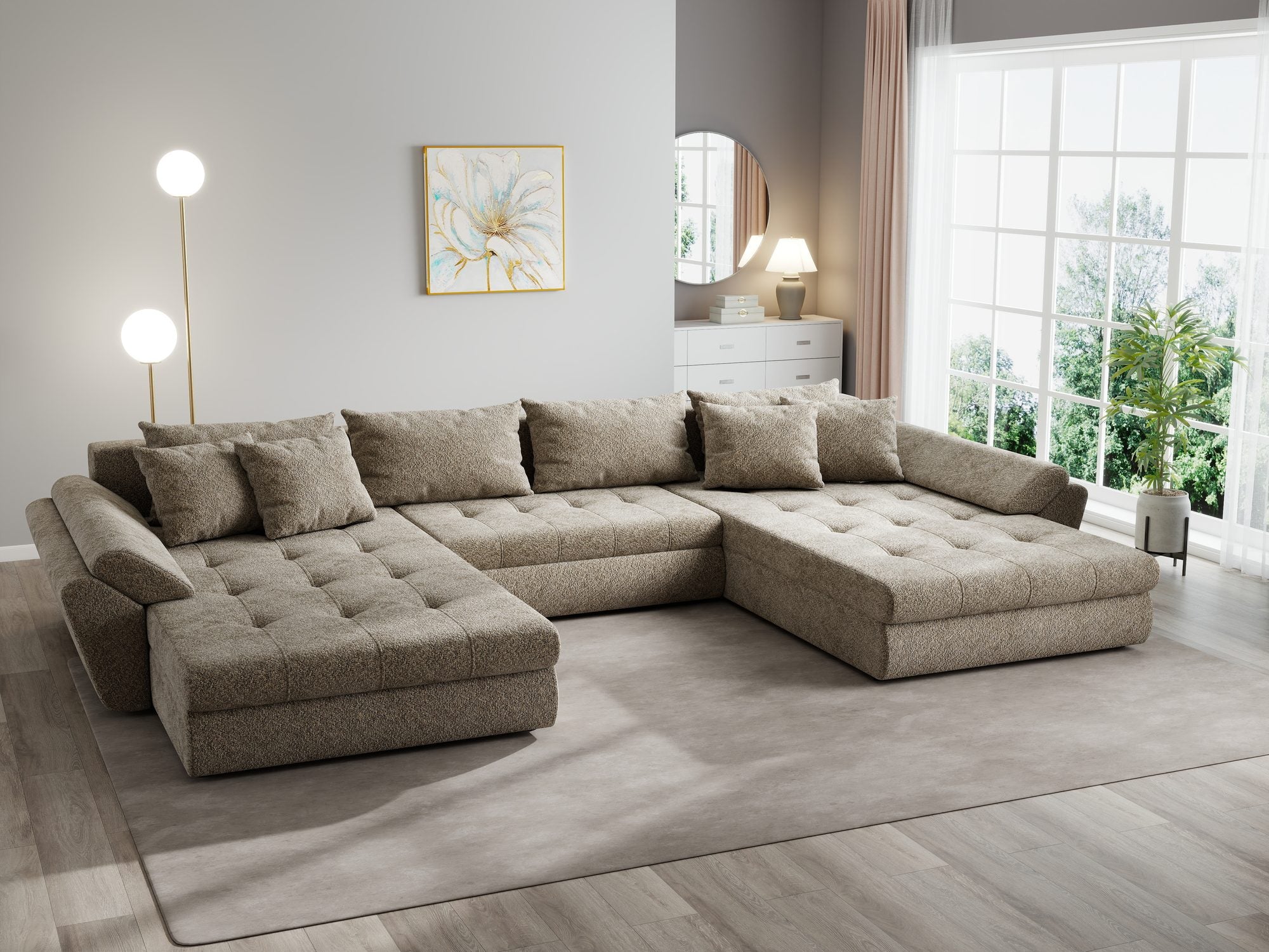 Colțar extensibil dumonde cu ladă de depozitare si sezut confortabil din spuma high-density, Loana U Arena Bej 4 355x185 cm