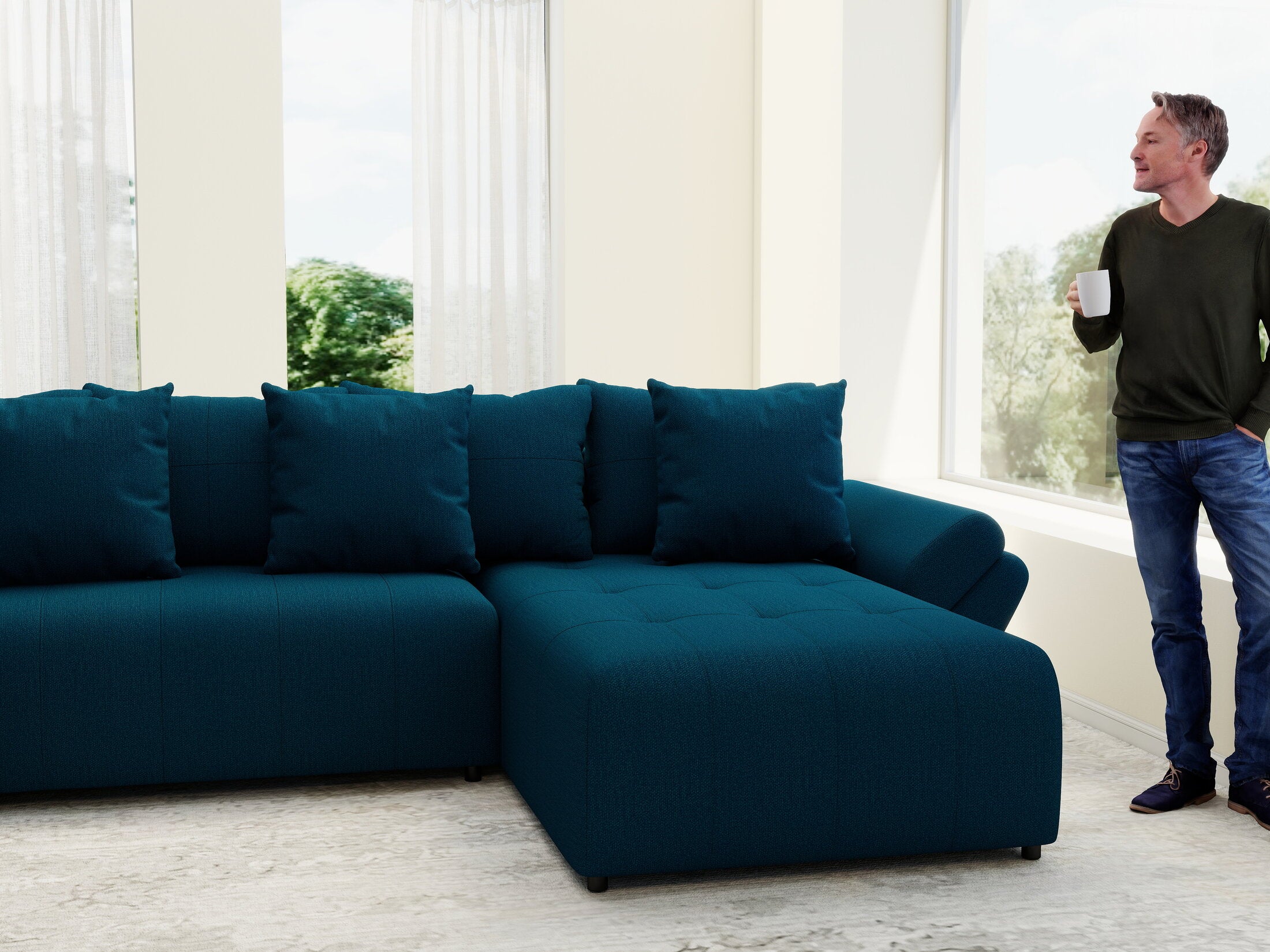 Colțar extensibil dumonde cu ladă de depozitare si sezut confortabil din spuma HR, Berlin U Enjoy Verde Petrol 380x180 cm