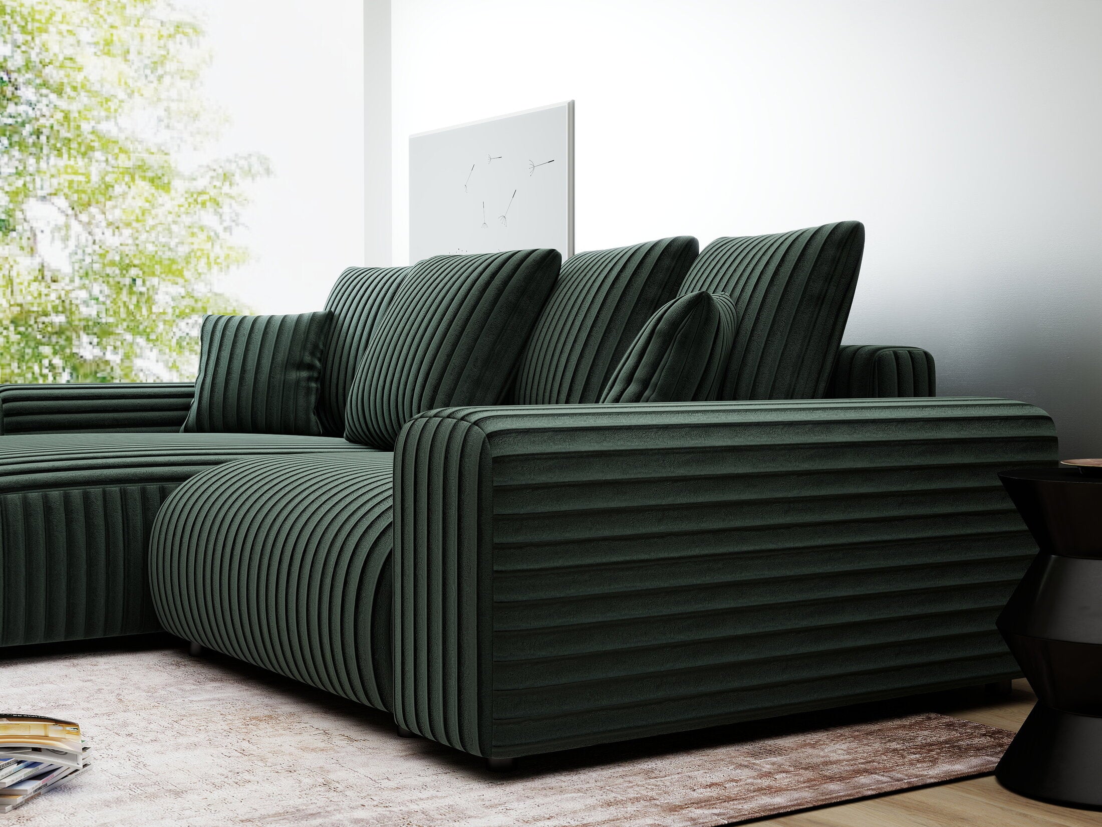 Colțar extensibil dumonde cu ladă de depozitare și șezut confortabil din spumă HR, Luma Ambience Verde 255x168 cm