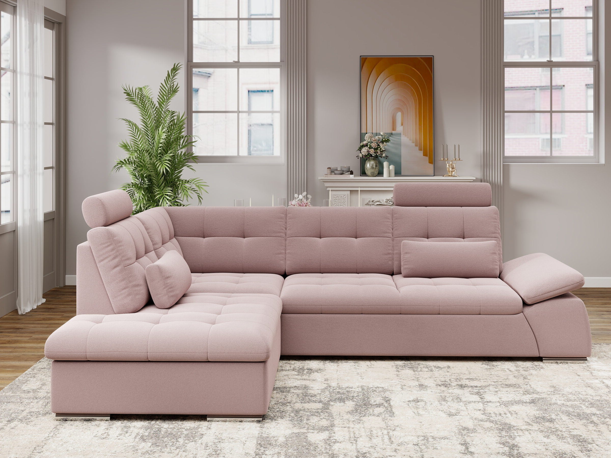 Colțar extensibil dumonde cu ladă de depozitare și șezut confortabil din spumă HR, Merkur XL Royal Roz 256x217 cm