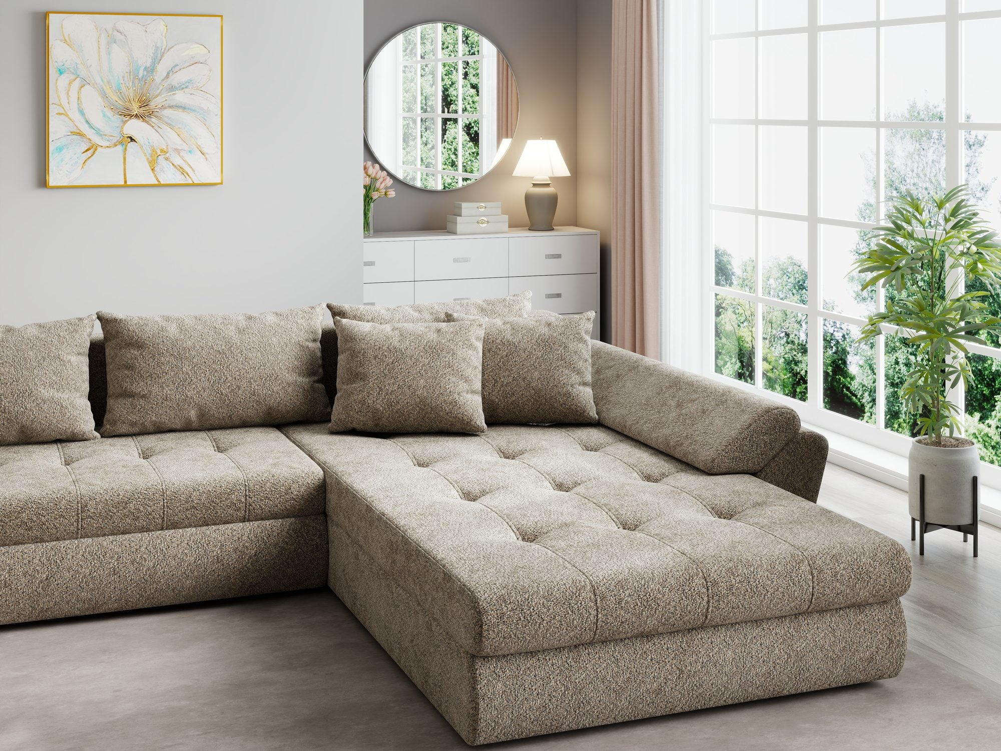 Colțar extensibil dumonde cu ladă de depozitare si sezut confortabil din spuma high-density, Loana U Arena Bej 4 355x185 cm