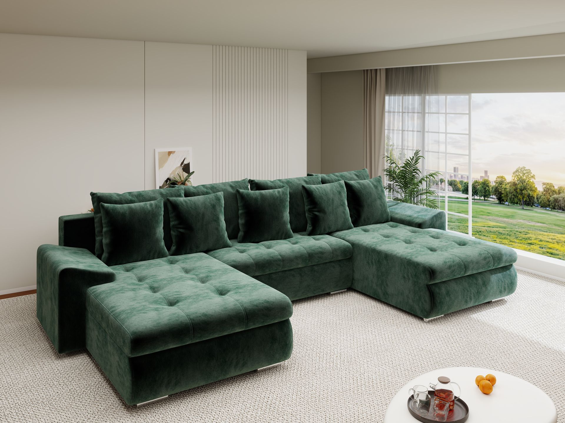 Colțar extensibil dumonde cu ladă de depozitare si sezut confortabil din spuma high-density, Leonardo U Monolith Verde 37 360x185 cm