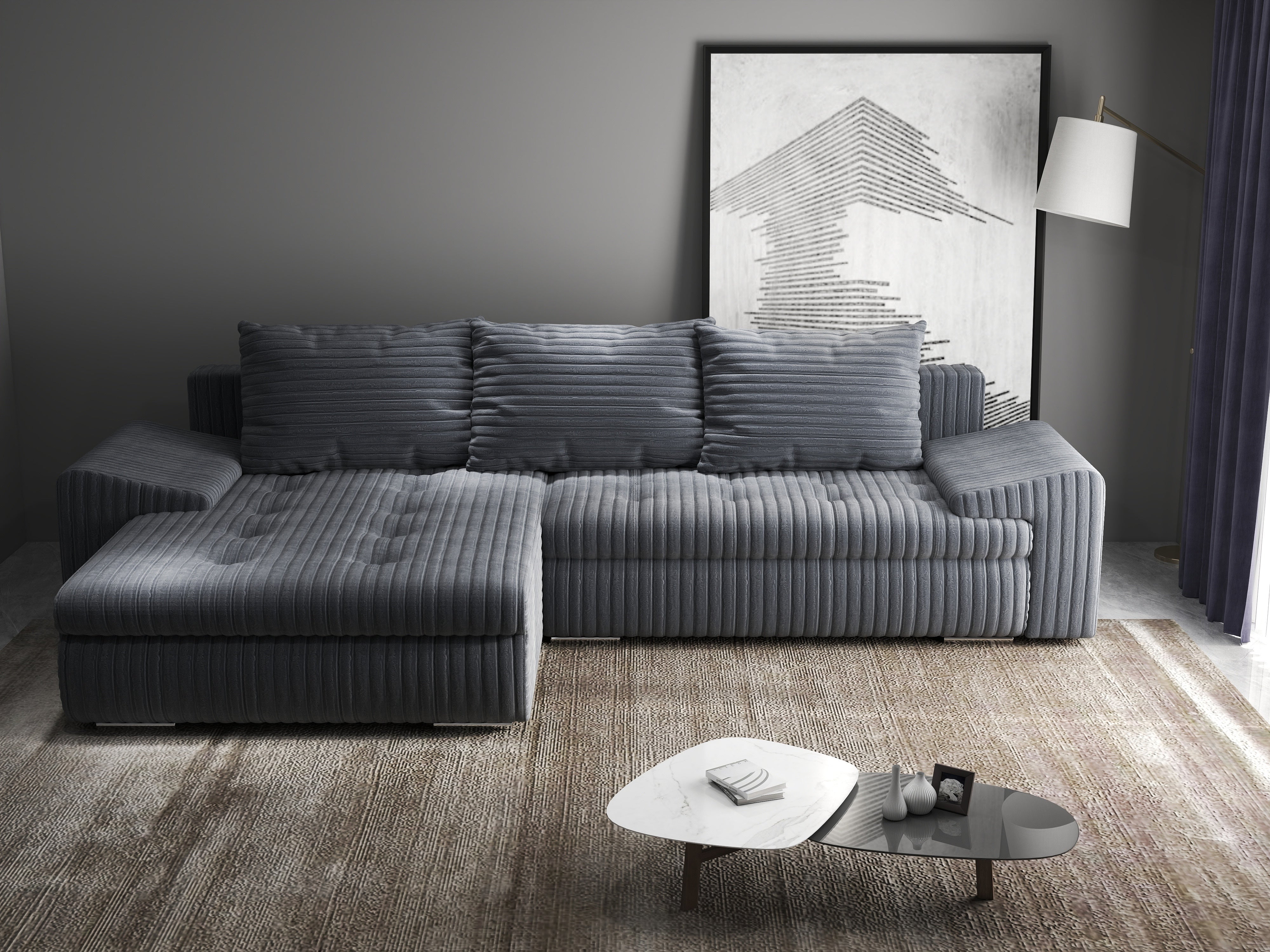 Colțar extensibil dumonde cu ladă de depozitare si sezut confortabil din spuma HR, Leonardo Ambience Gri 255x193 cm Fabrica