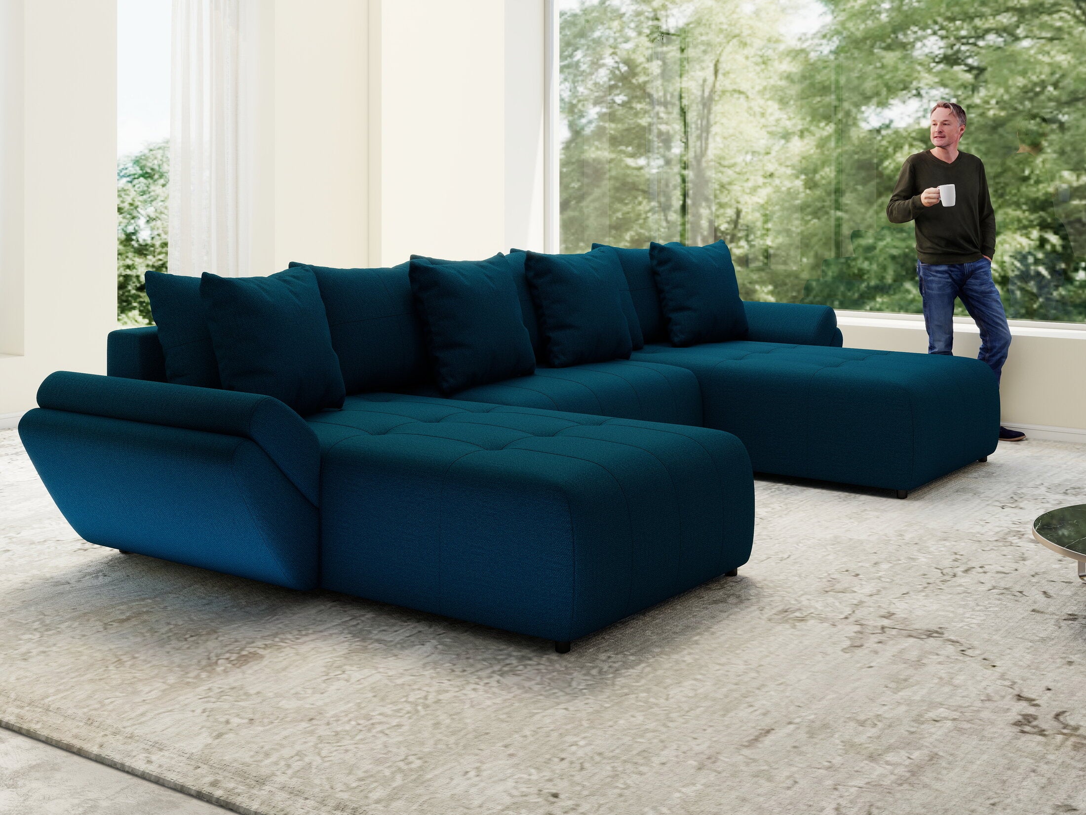 Colțar extensibil dumonde cu ladă de depozitare si sezut confortabil din spuma HR, Berlin U Enjoy Verde Petrol 380x180 cm