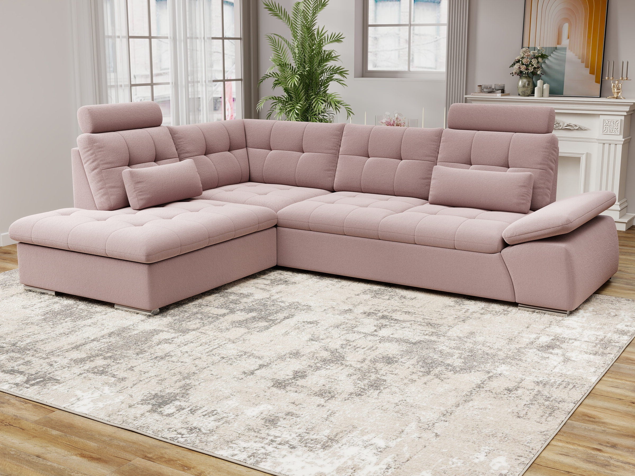 Colțar extensibil dumonde cu ladă de depozitare și șezut confortabil din spumă HR, Merkur XL Royal Roz 256x217 cm