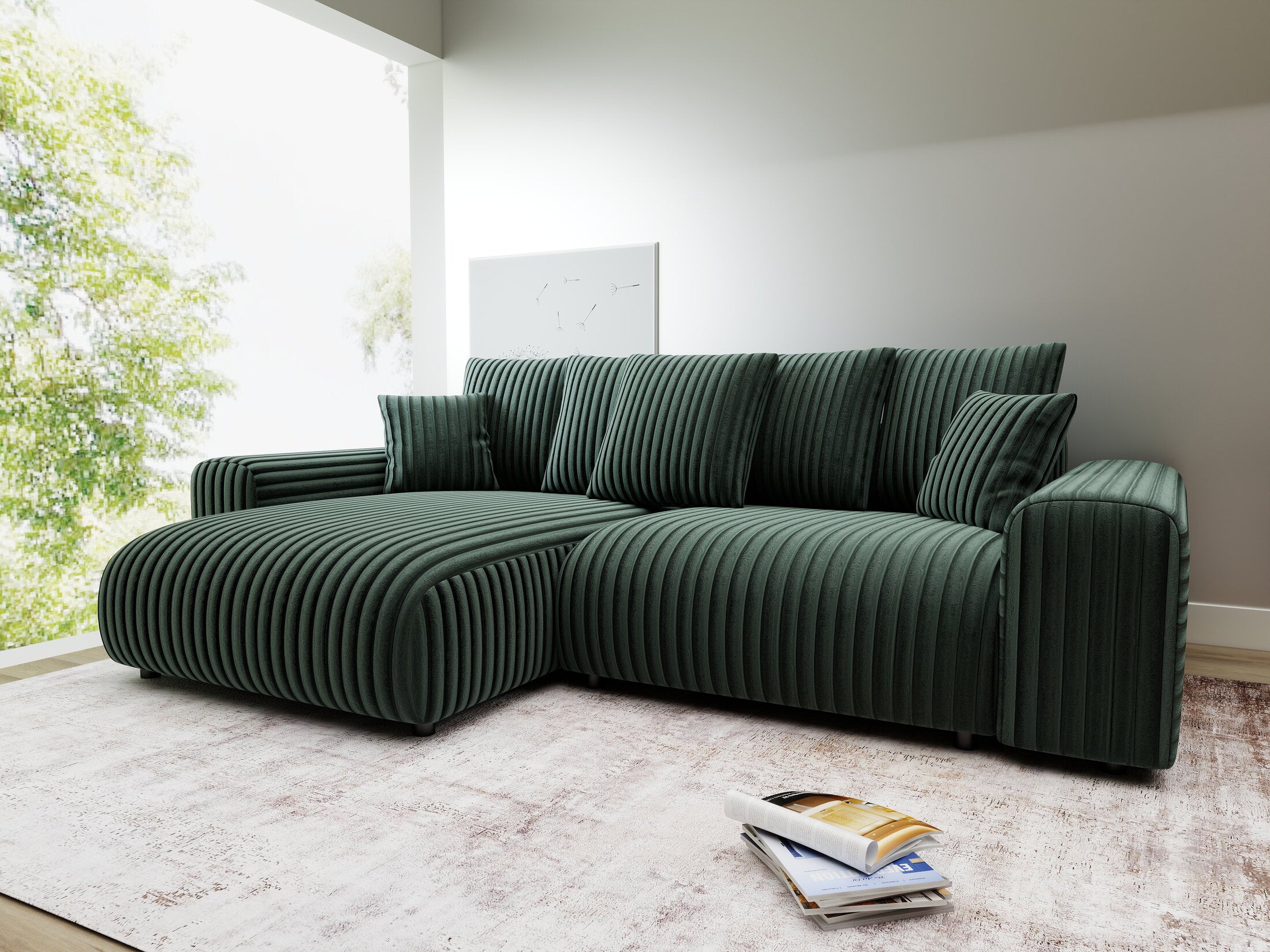 Colțar extensibil dumonde cu ladă de depozitare și șezut confortabil din spumă HR, Luma Ambience Verde 255x168 cm