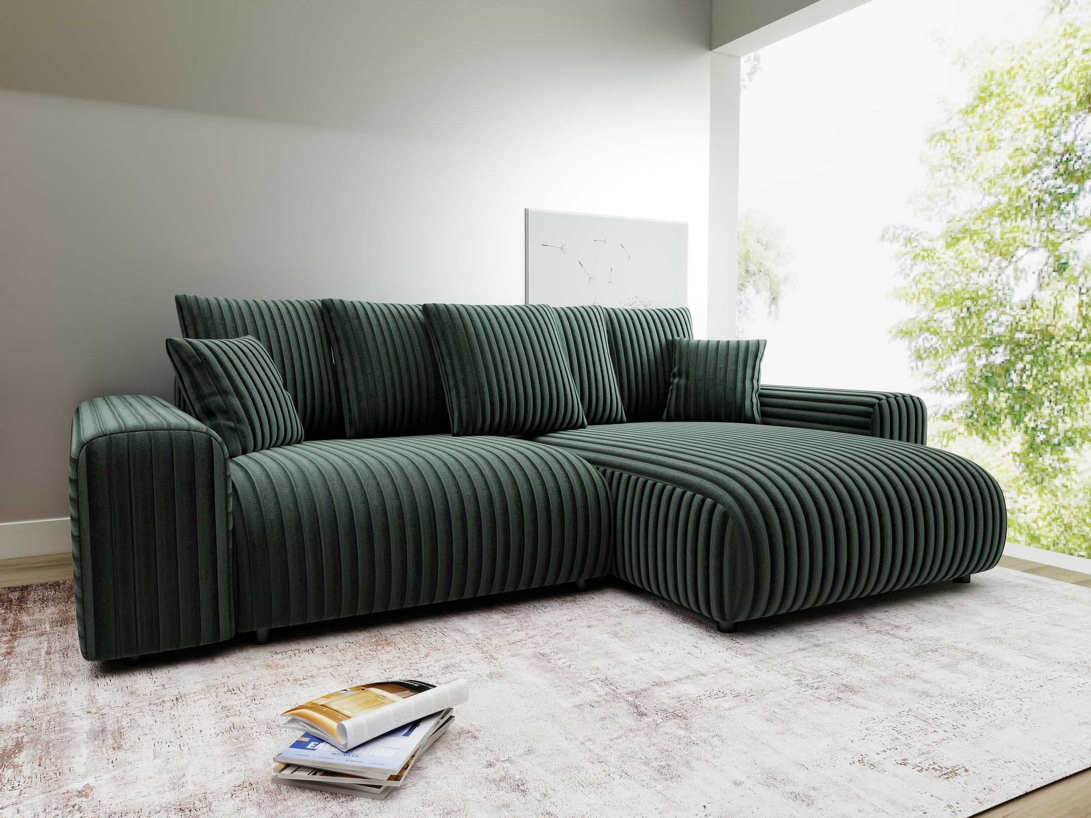 Colțar extensibil dumonde cu ladă de depozitare și șezut confortabil din spumă HR, Luma Ambience Verde 255x168 cm II