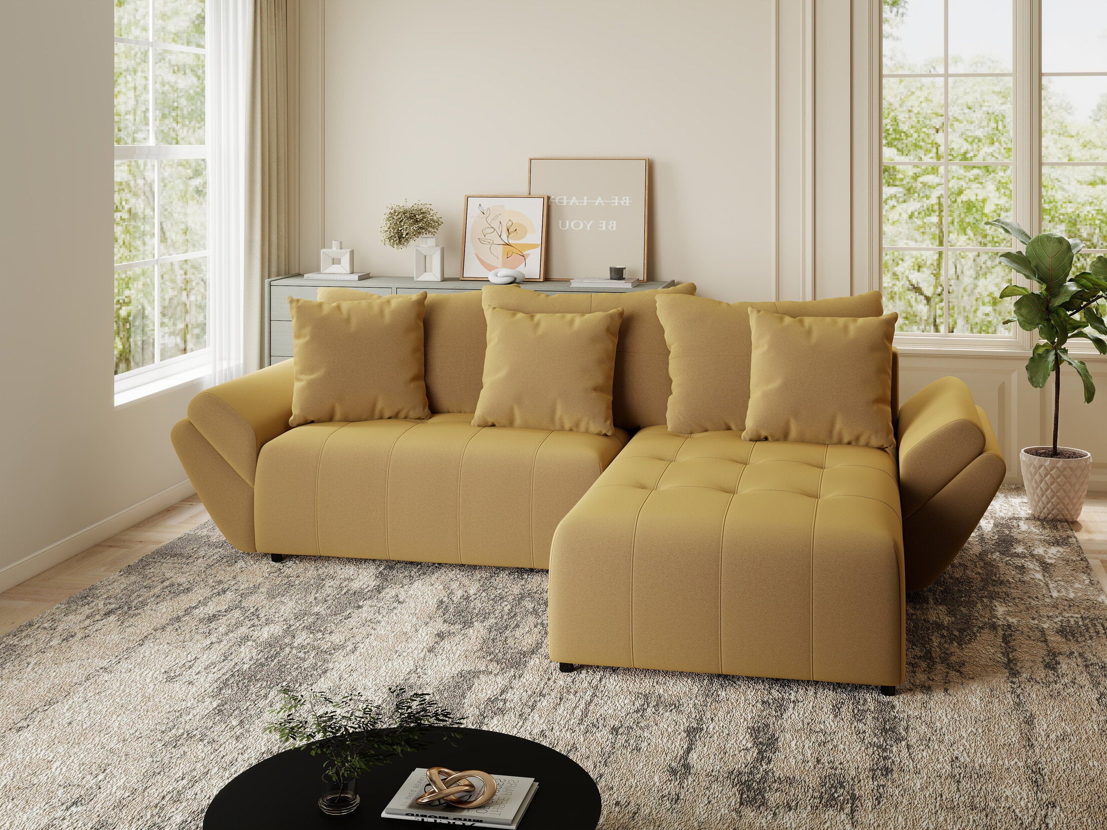 Colțar extensibil dumonde cu ladă de depozitare si sezut confortabil din spuma HR, Berlin Royal Galben Mustar 280x185 cm II