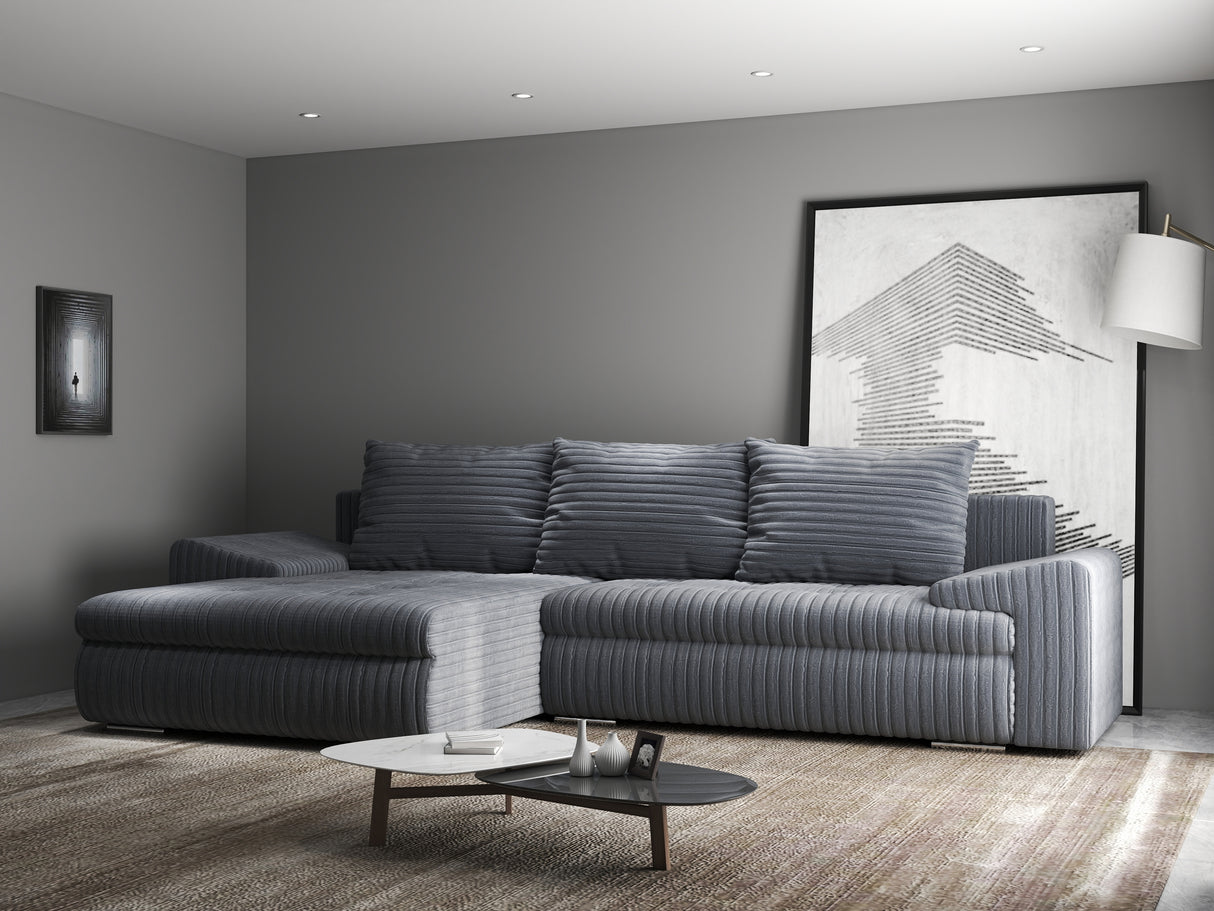Colțar extensibil dumonde cu ladă de depozitare si sezut confortabil din spuma HR, Leonardo Ambience Gri 255x193 cm