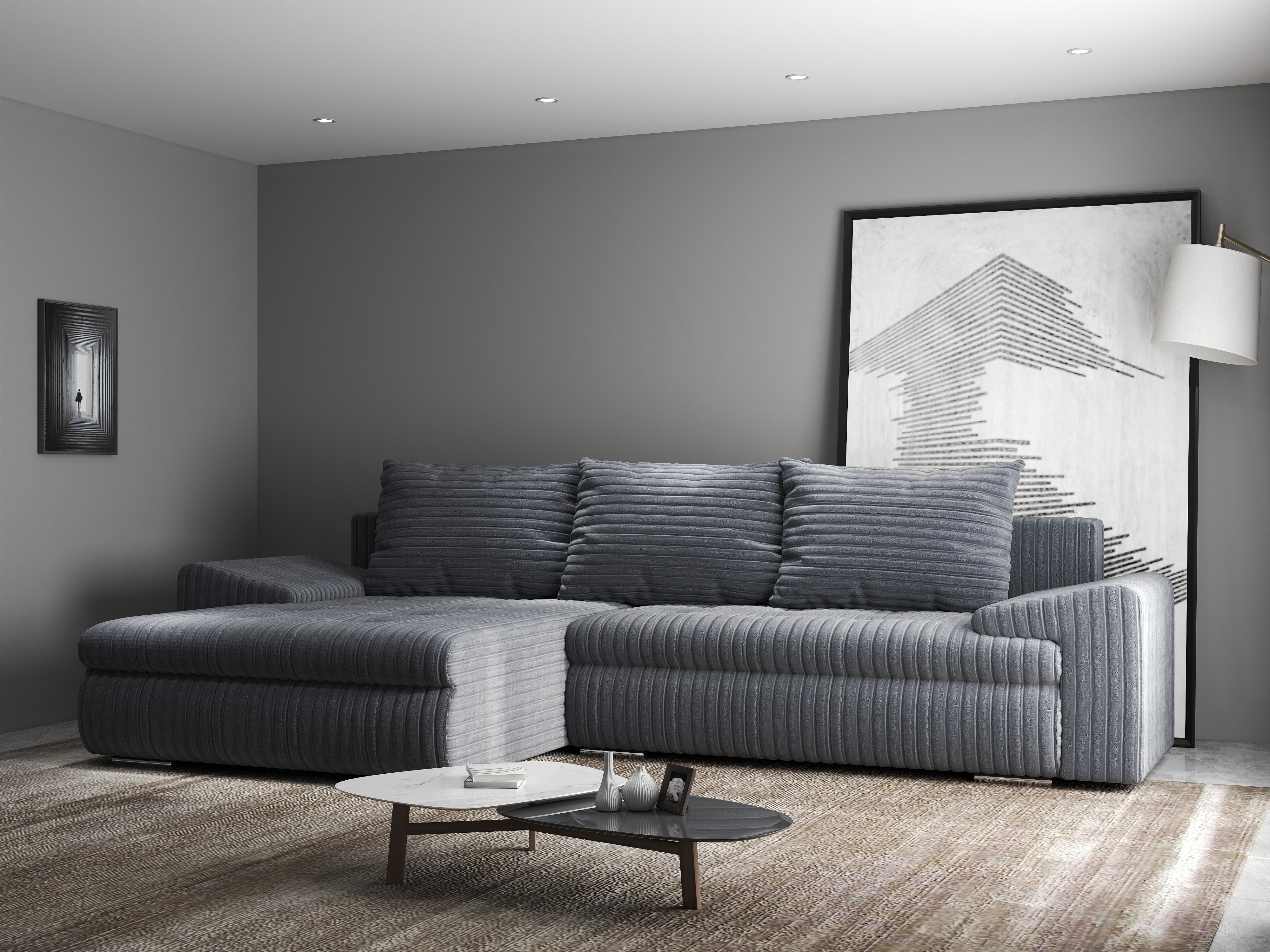 Colțar extensibil dumonde cu ladă de depozitare si sezut confortabil din spuma HR, Leonardo Ambience Gri 255x193 cm Fabrica