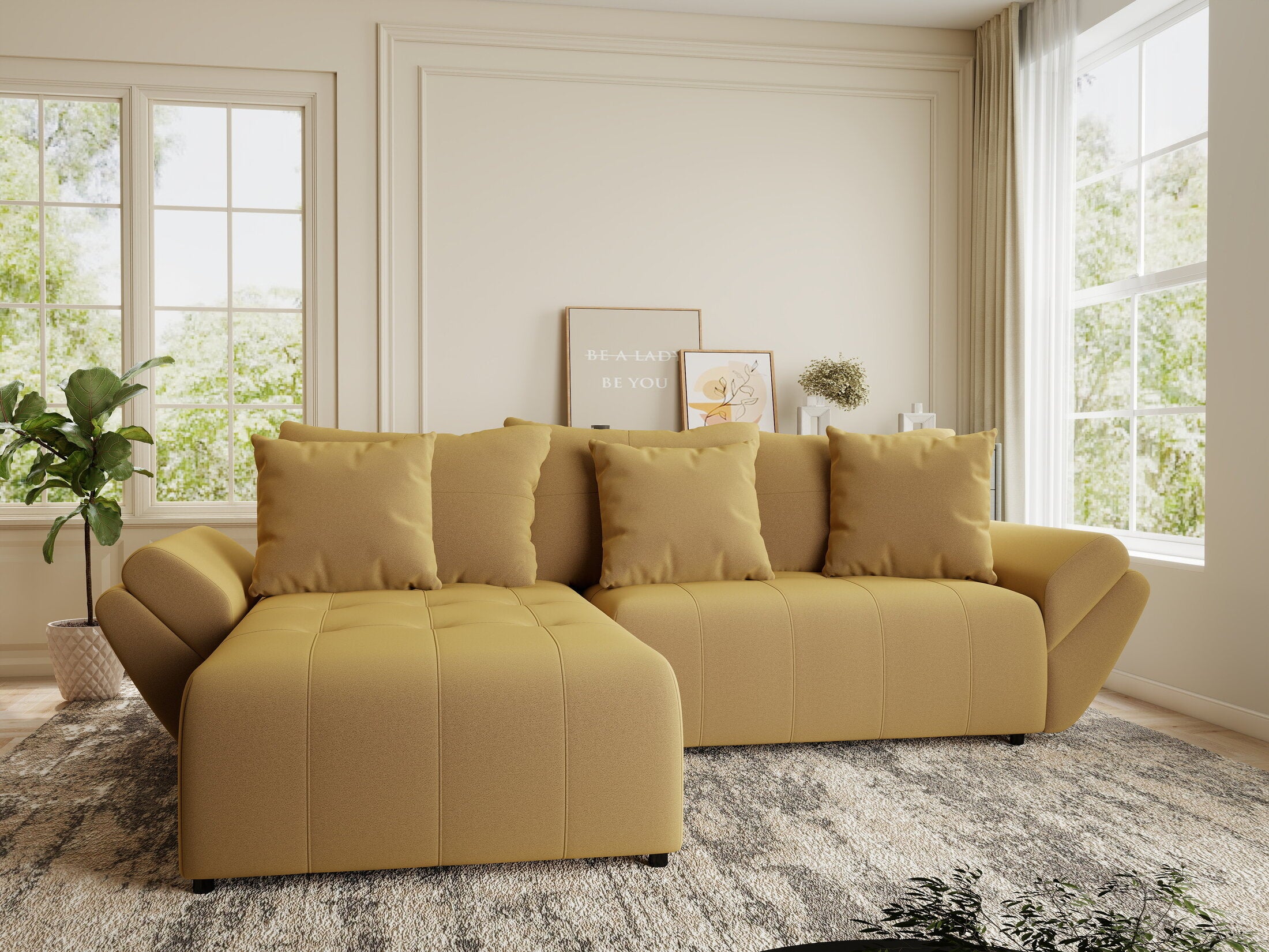 Colțar extensibil dumonde cu ladă de depozitare si sezut confortabil din spuma HR, Berlin Royal Galben Mustar 280x185 cm