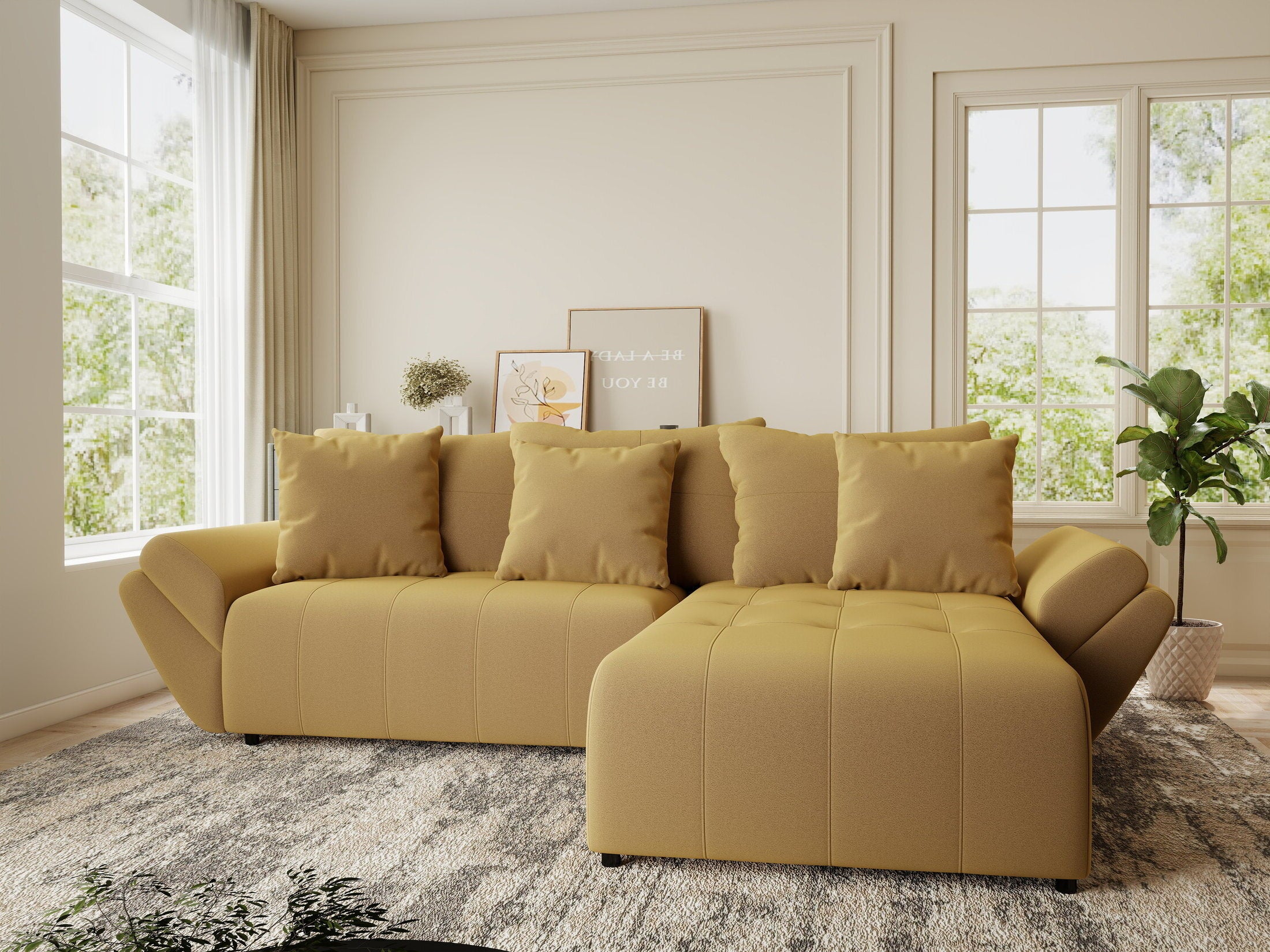 Colțar extensibil dumonde cu ladă de depozitare si sezut confortabil din spuma HR, Berlin Royal Galben Mustar 280x185 cm II