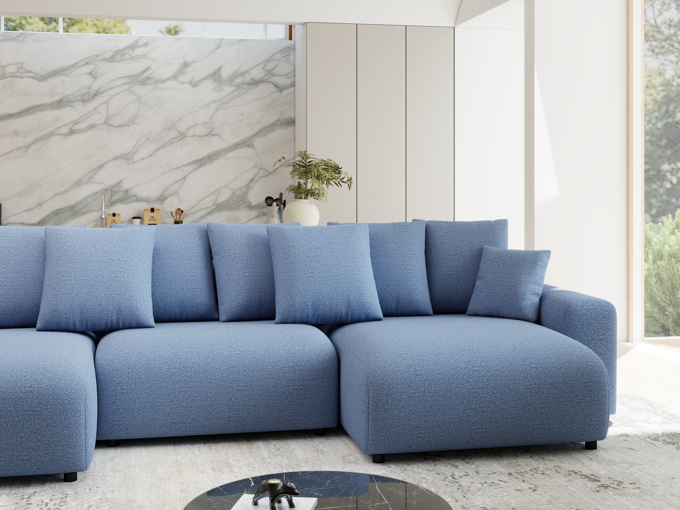 Colțar extensibil dumonde cu ladă de depozitare si sezut confortabil din spuma HR, Luma U Enjoy Albastru 336x140 cm