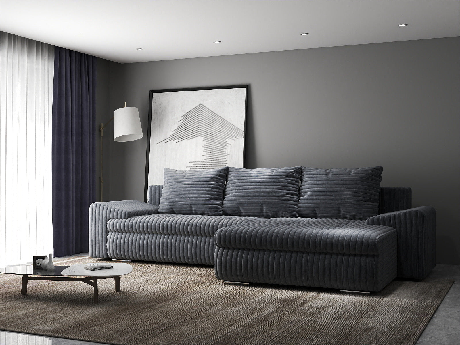 Colțar extensibil dumonde cu ladă de depozitare si sezut confortabil din spuma HR, Leonardo Ambience Gri 255x193 cm II Fabrica