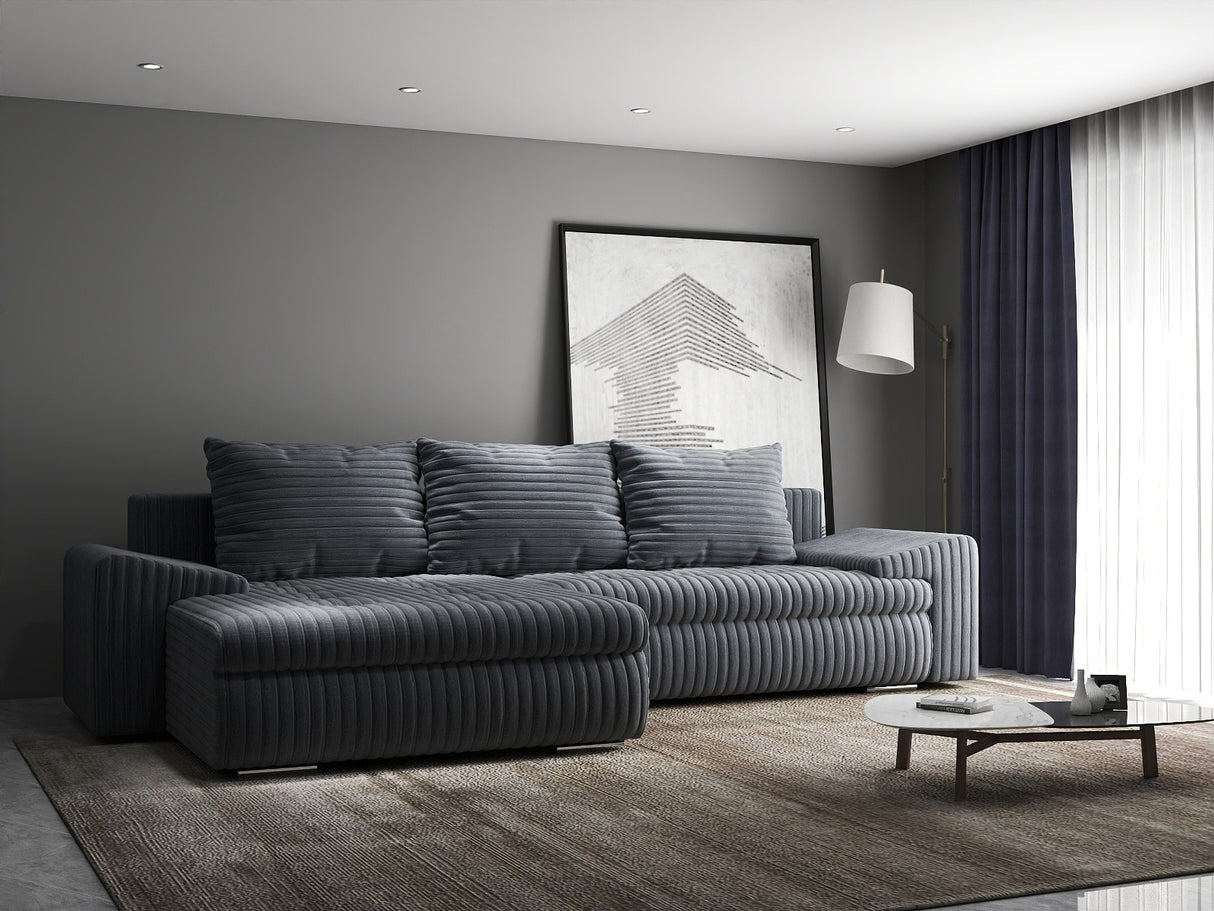 Colțar extensibil dumonde cu ladă de depozitare si sezut confortabil din spuma HR, Leonardo Ambience Gri 255x193 cm