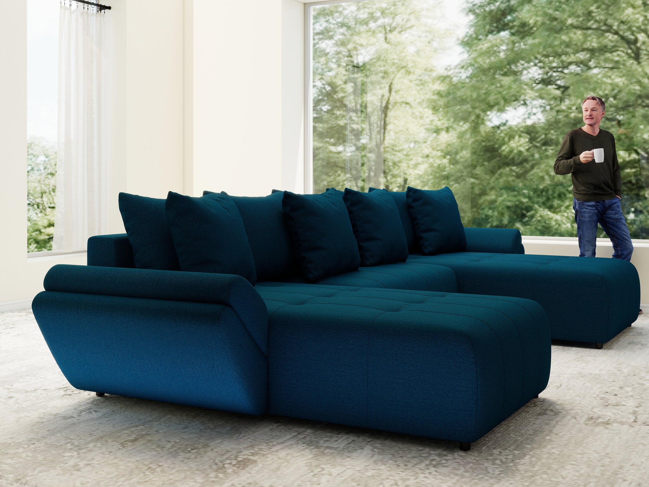 Colțar extensibil dumonde cu ladă de depozitare si sezut confortabil din spuma HR, Berlin U Enjoy Verde Petrol 380x180 cm