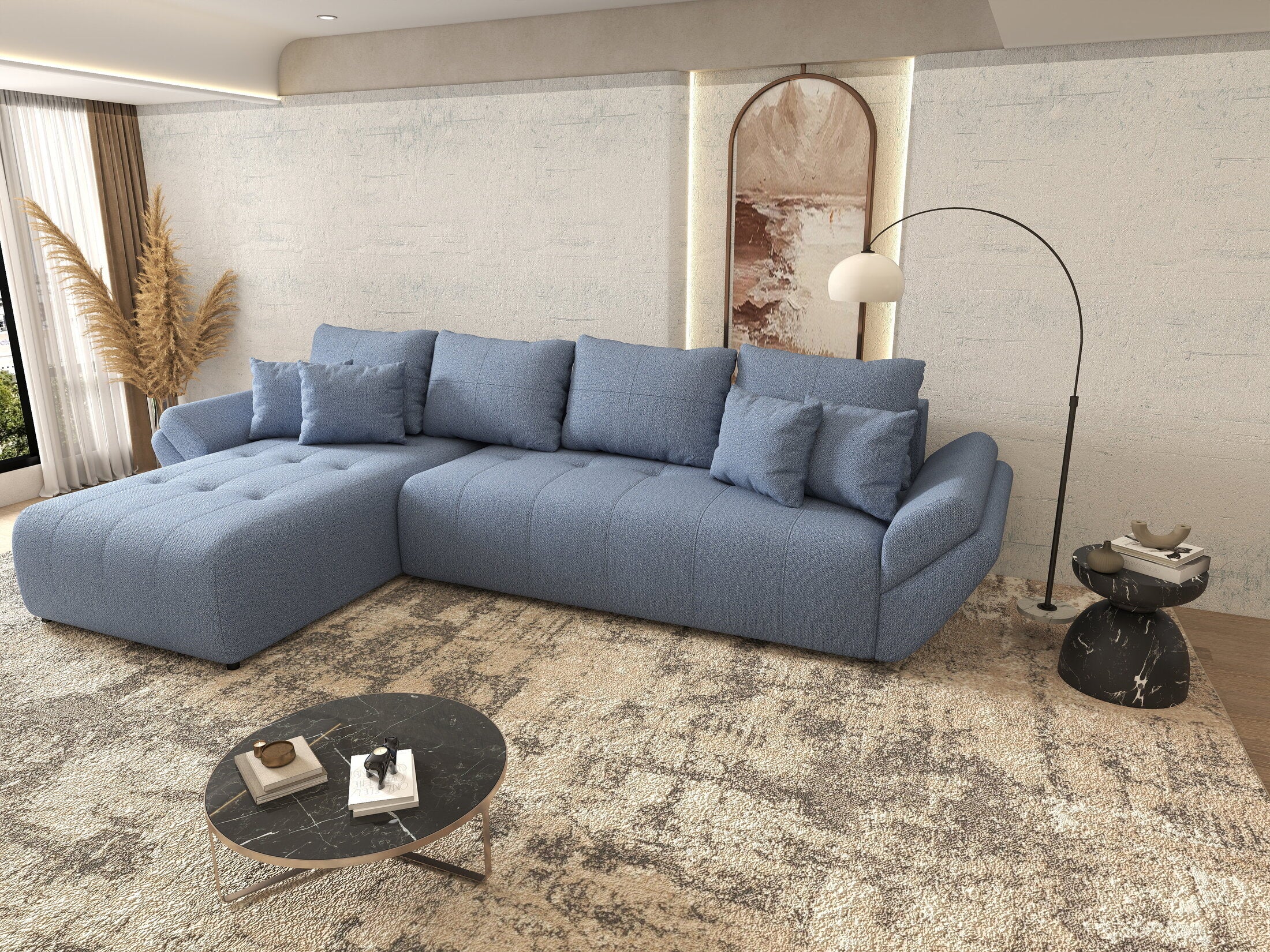 Colțar extensibil dumonde cu ladă de depozitare si sezut confortabil din spuma HR, Berlin XL Enjoy Blue 350x185 cm