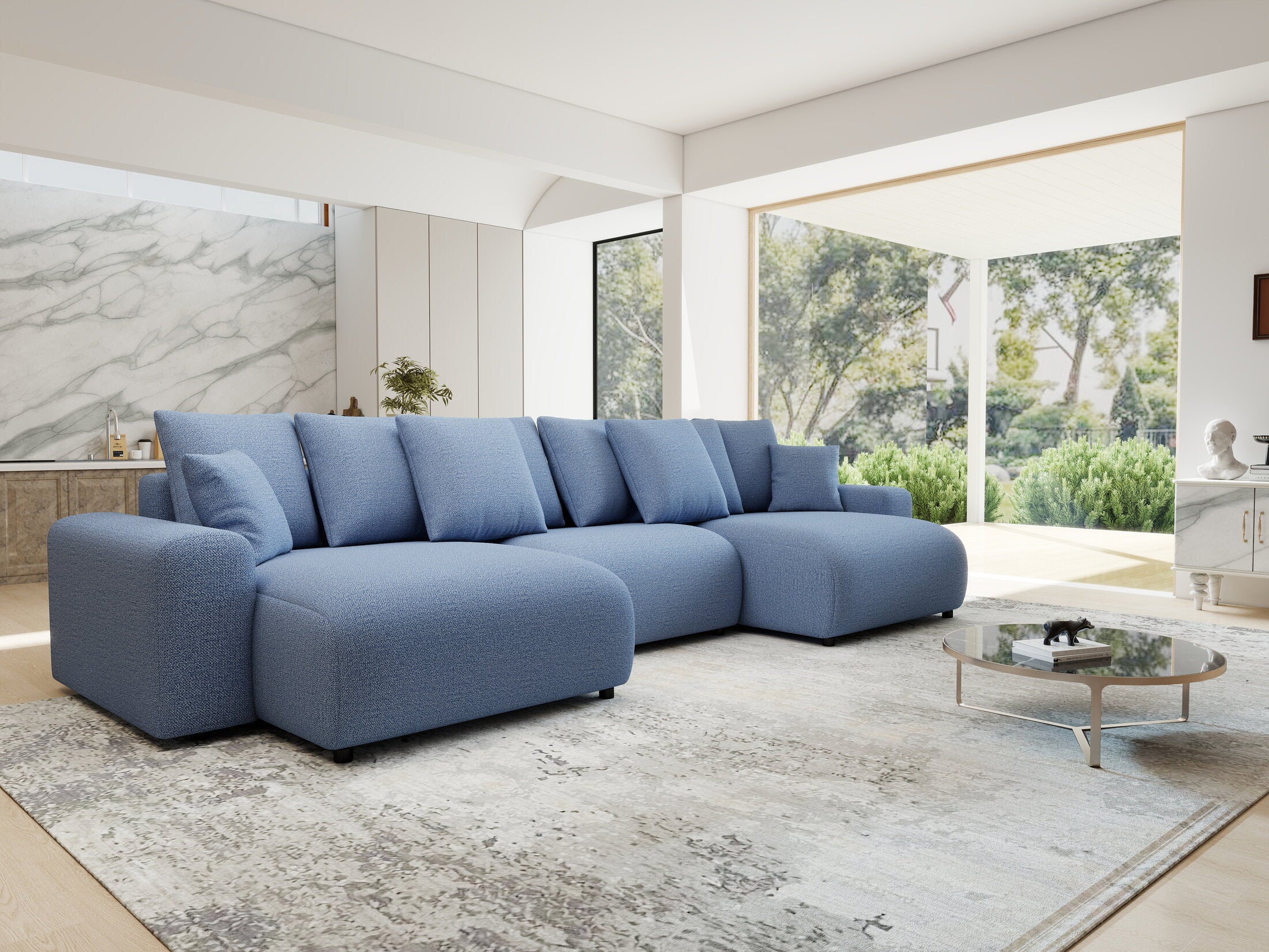 Colțar extensibil dumonde cu ladă de depozitare si sezut confortabil din spuma HR, Luma U Enjoy Albastru 336x140 cm