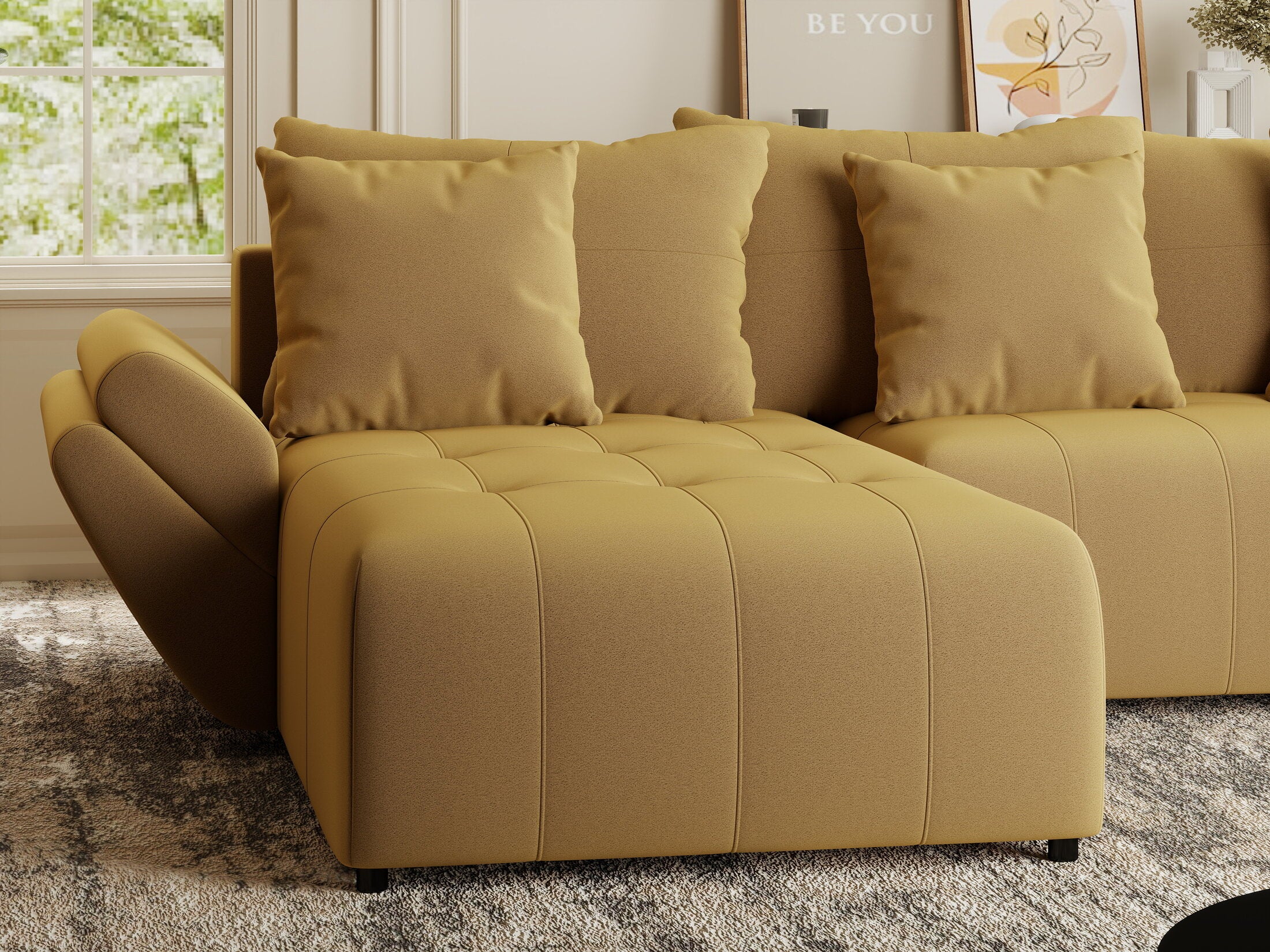 Colțar extensibil dumonde cu ladă de depozitare si sezut confortabil din spuma HR, Berlin Royal Galben Mustar 280x185 cm