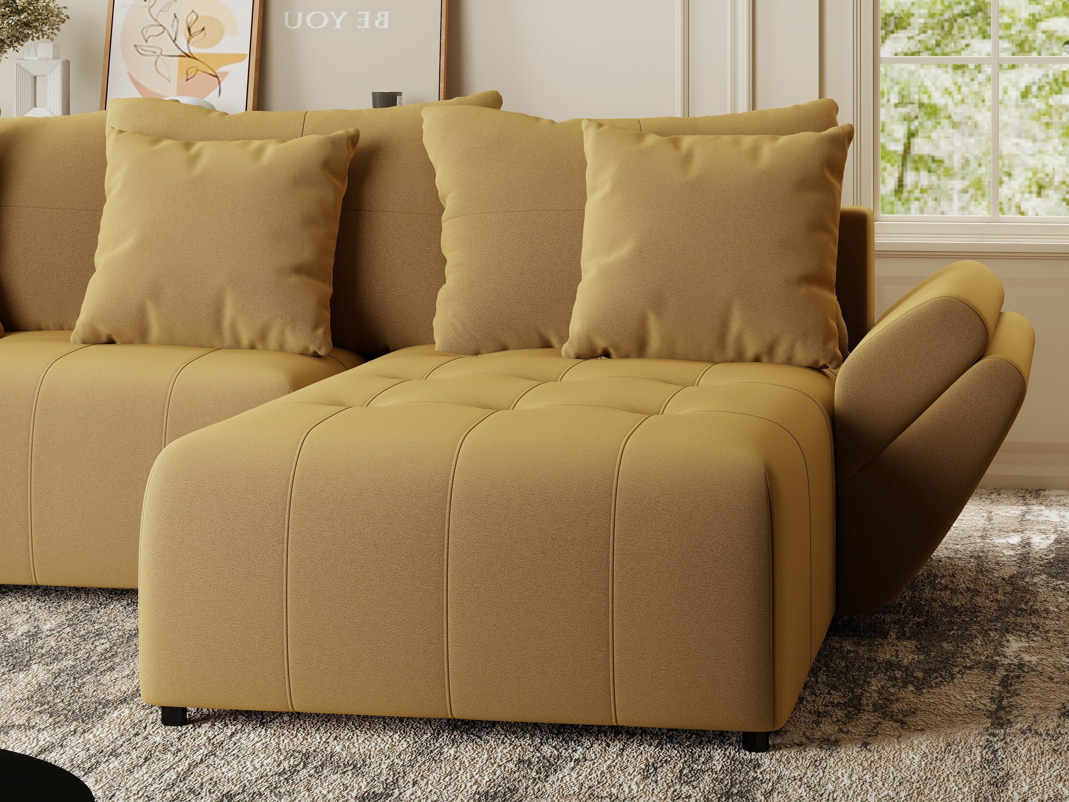 Colțar extensibil dumonde cu ladă de depozitare si sezut confortabil din spuma HR, Berlin Royal Galben Mustar 280x185 cm II