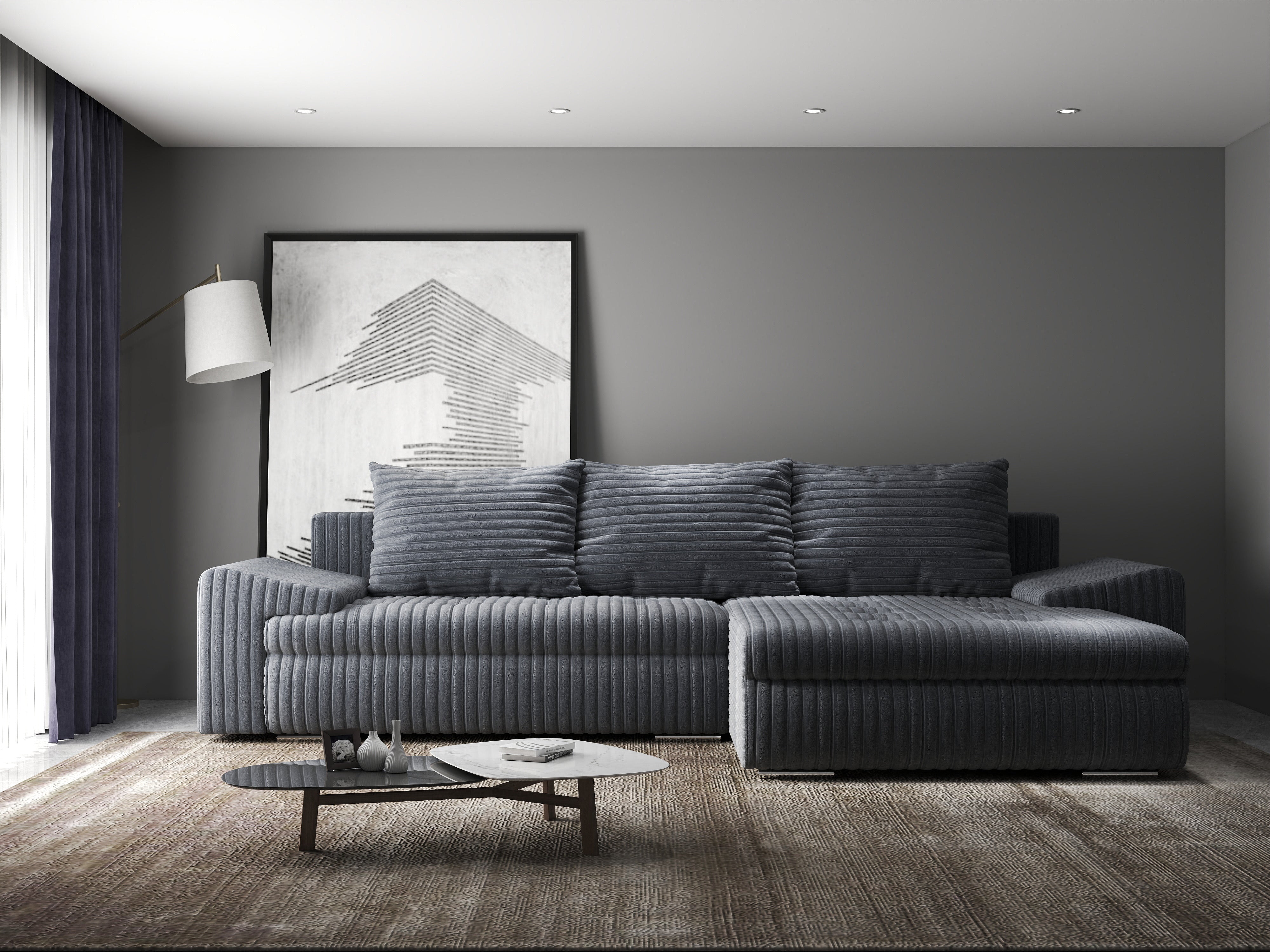 Colțar extensibil dumonde cu ladă de depozitare si sezut confortabil din spuma HR, Leonardo Ambience Gri 255x193 cm II Fabrica